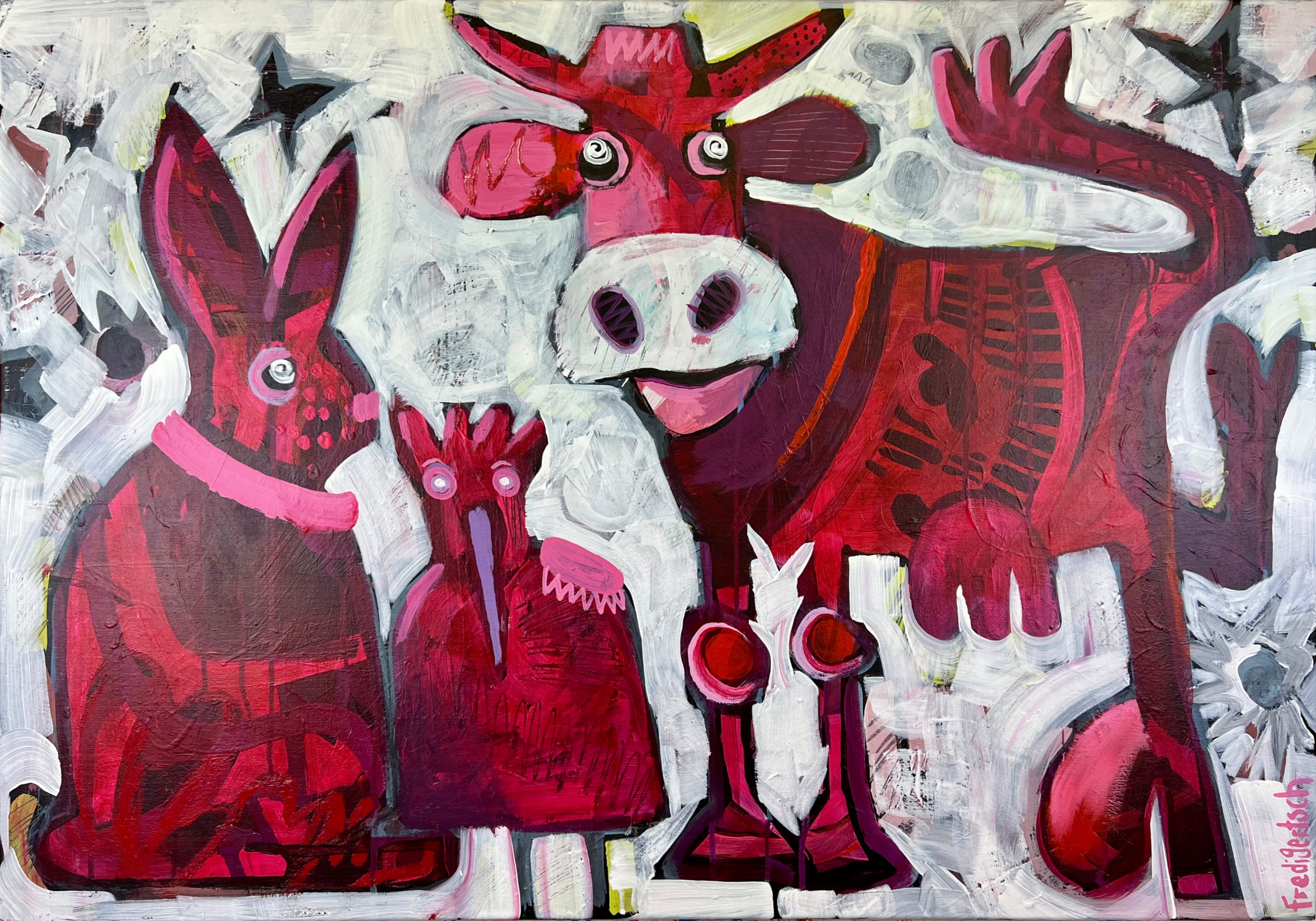 Pop Art 100x70cm Simply Red Cow, rote Kuh High Heels Vogel Achselpatten Hase weisser Hintergrund schwarze Sterne, Individualität Selbstbewusstsein, Acryl Leinwand Original Fredi Gertsch