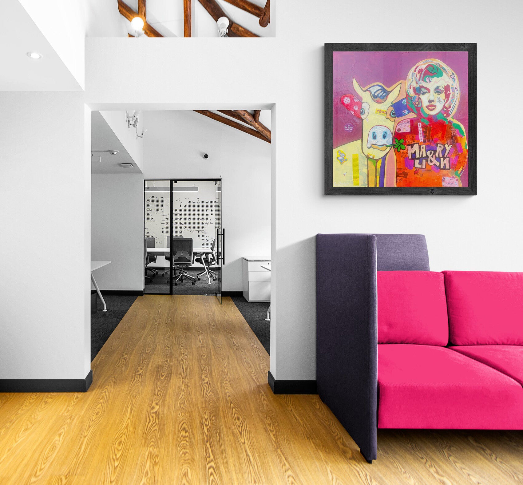 Pop Art 80x80cm Baby Meets Marilyn, Baby-Kuh Pop-Ikone Collage Comics Prospekte, Baby Meets Serie Humor, Mixed Media Leinwand Original Fredi Gertsch, in Wohnraum