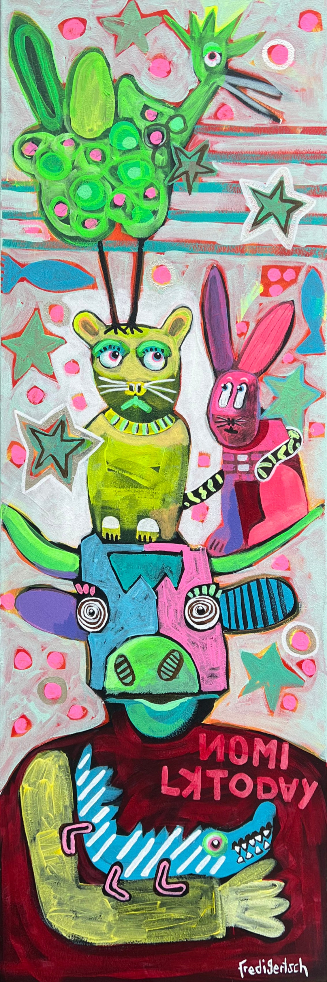 Pop Art 40x120cm Animal Harmony, Bremer Stadtmusikanten modern Kuh Krokodil Hase Katze Huhn Pyramide, Vielfalt Zusammenhalt Gemeinschaft, Acryl Leinwand Original Fredi Gertsch