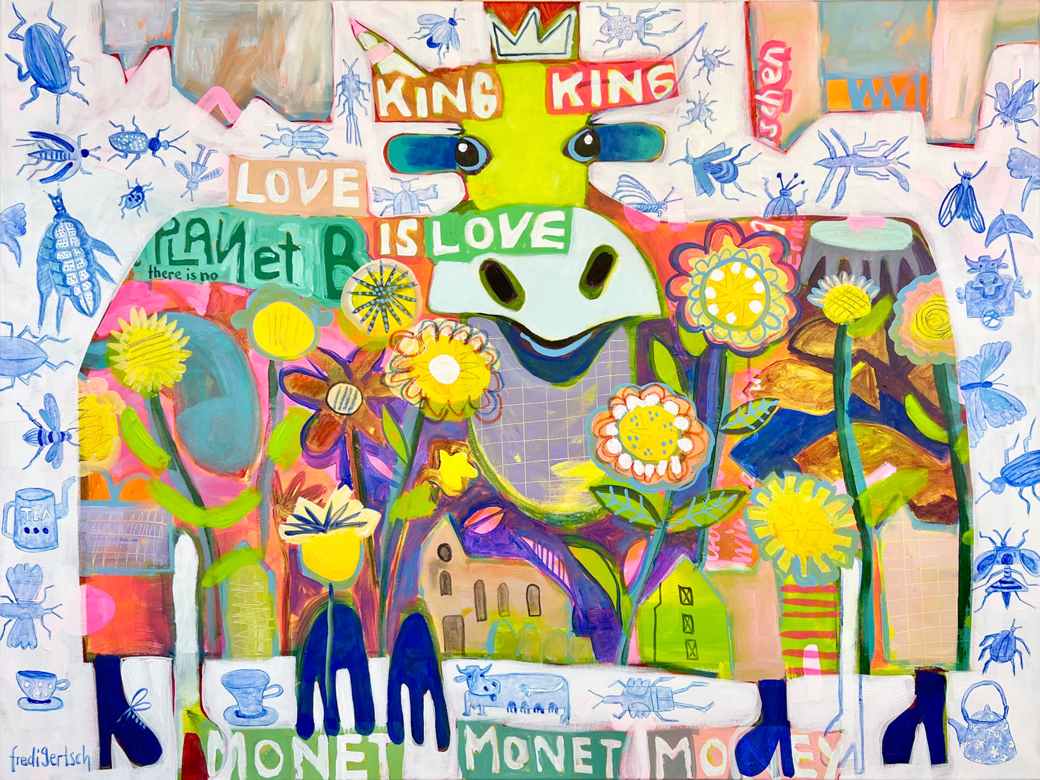 Pop Art Kuh 120x90cm Flower Power Baby, grosse Kuh Blumen blaue Insekten Biodiversität, Nachhaltigkeit Natur, Acryl Leinwand Original Fredi Gertsch