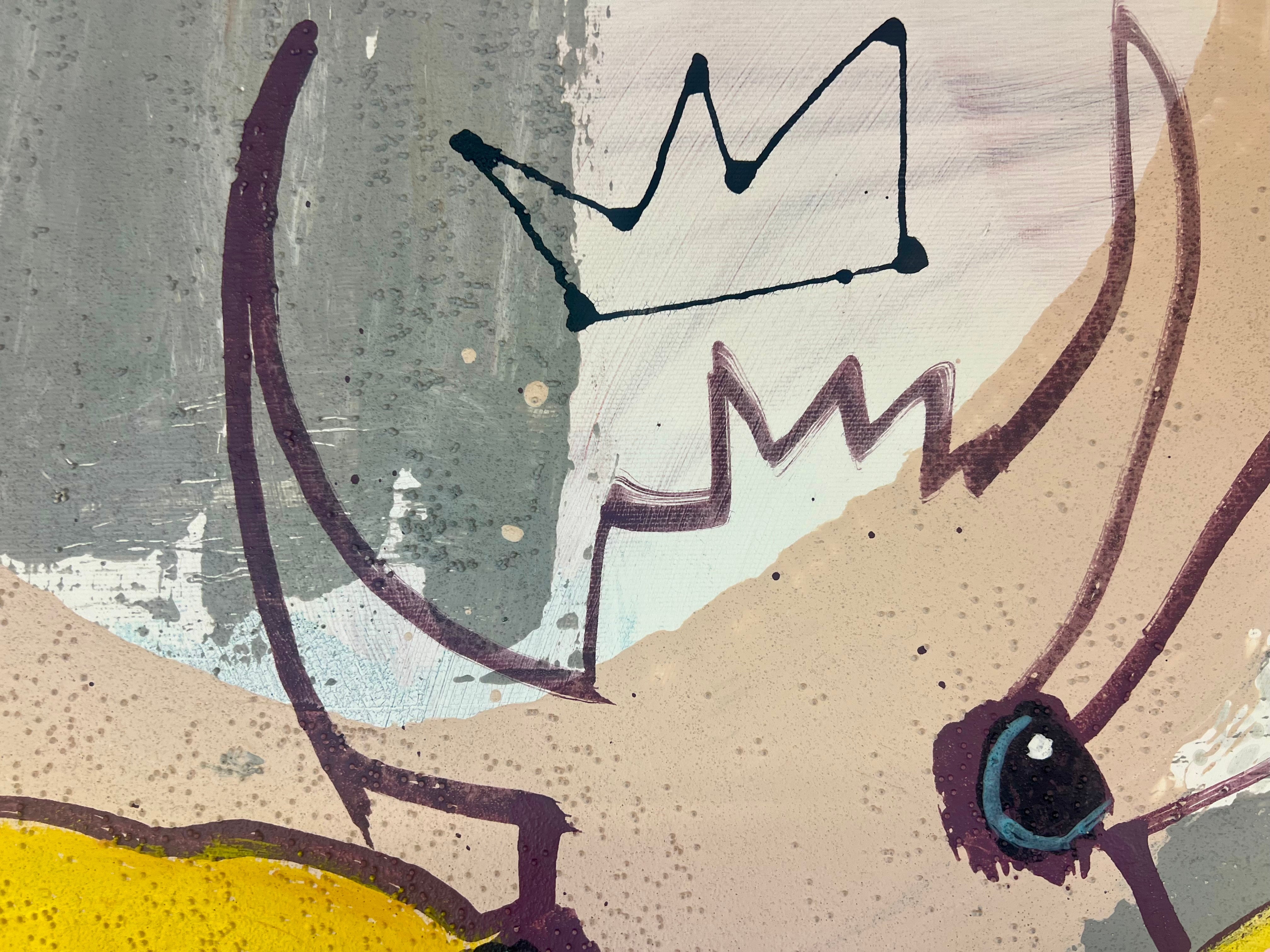 Pop Art 100x100cm Hoppala, springende Kuh Stöckelschuhe Krone Stenografie Lebensfreude Selbstbewusstsein, tricky situation Serie, Mixed Media Leinwand Original Fredi Gertsch, Detailansicht Krone