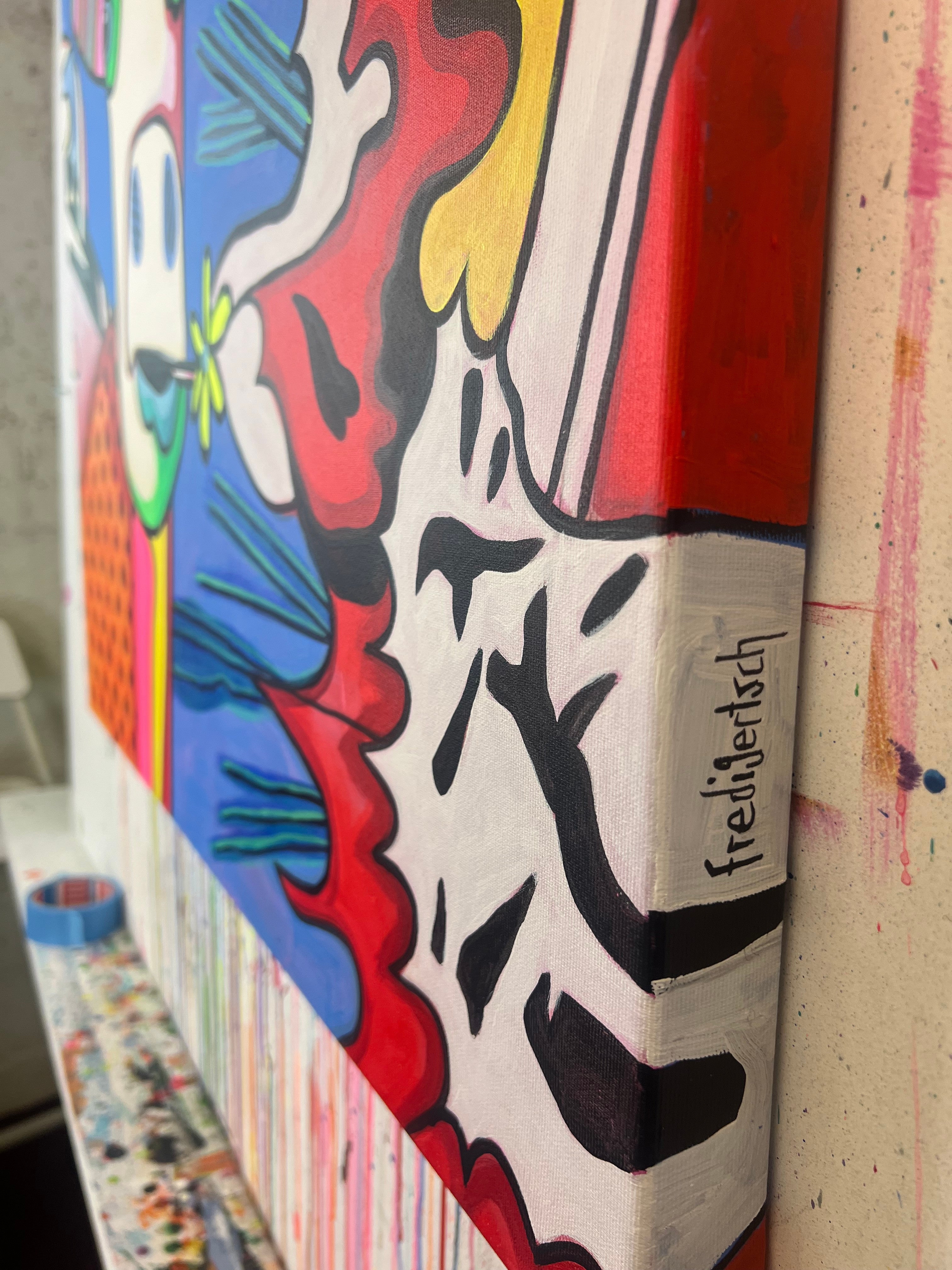 Pop Art 80x80cm Baby Meets Roy, Baby-Kuh Roy Lichtenstein Flugzeug Ben-Day-Dots Comic-Stil, Pop Art Hommage Dynamik, Baby Meets Serie, Acryl Leinwand Original Fredi Gertsch, Seitenansicht und Signatur