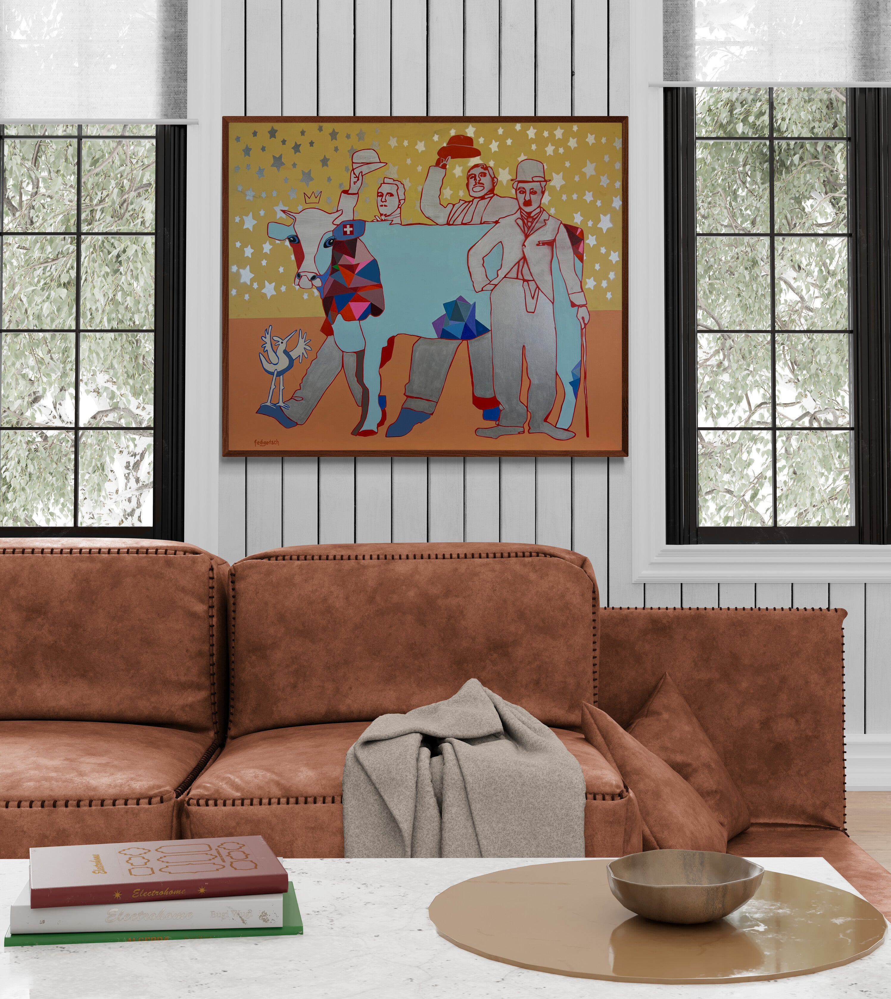 Pop Art 120x100cm A Star is Born, Kuh Charlie Chaplin Laurel Hardy Sternenhimmel Nostalgie Kreativität Lebensfreude, Hollywood Legends Serie, Acryl Leinwand Original Fredi Gertsch, in Wohnraum zwischen Fenstern