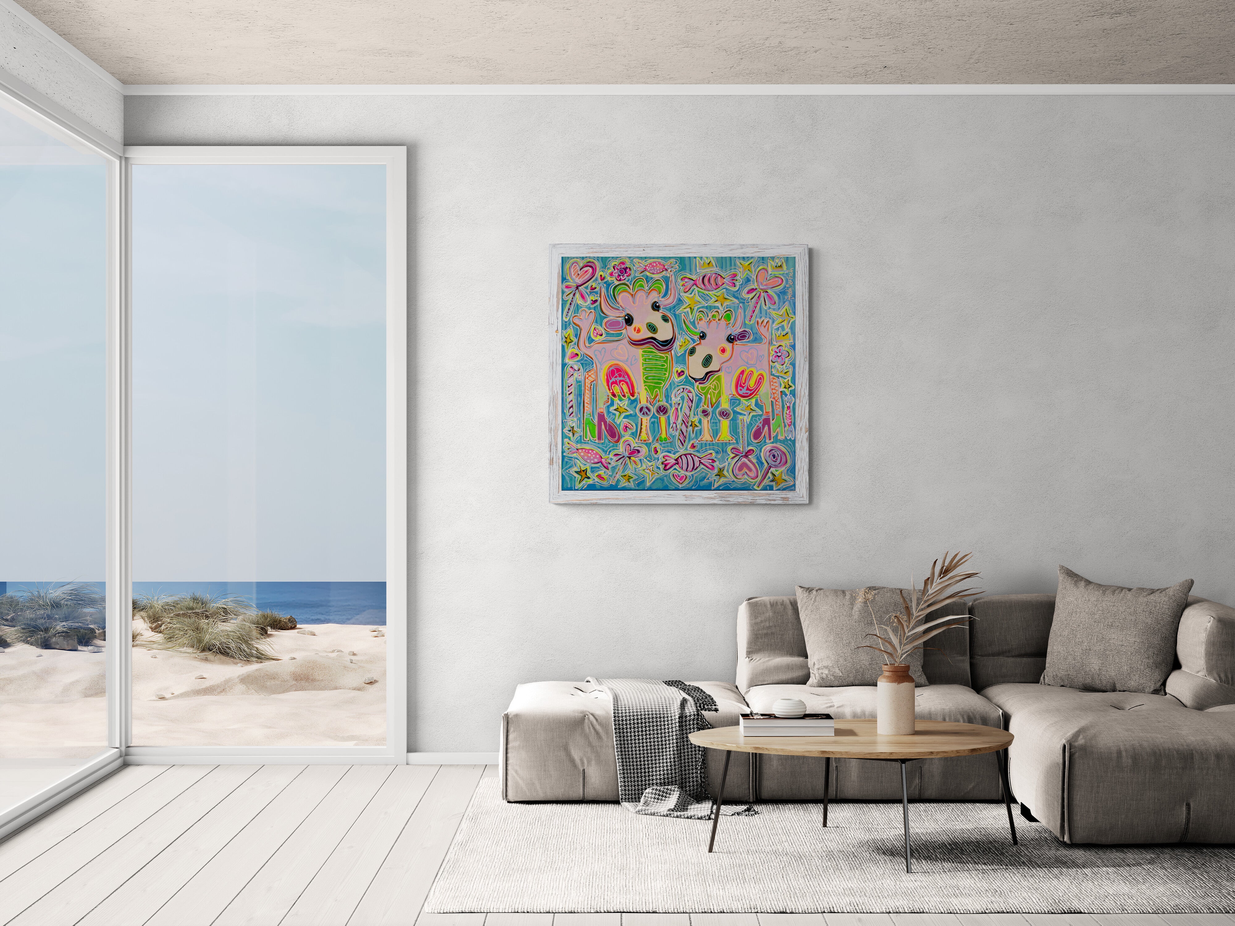 Pop Art Kühe 90x90cm Sugar Candy, zwei Kühe High Heels Süssigkeiten Schleckstengel Herzen, Humor Lebensfreude, Acryl Leinwand Original Fredi Gertsch, in modernem Wohnraum mit weissem Rahmen.