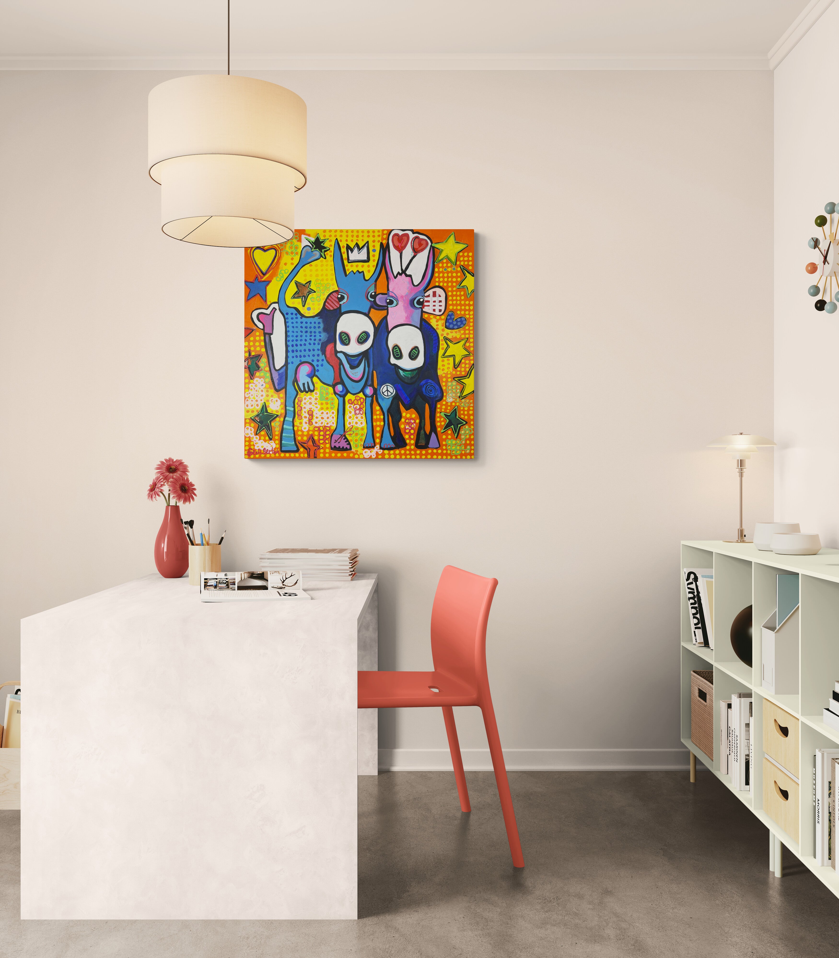 Pop Art Kühe 80x80cm Just Us Two Starlight, zwei bunte Kühe Sterne Herzen Krone Punktraster, Liebe Freundschaft, Acryl Leinwand Original Fredi Gertsch, in modernem Homeoffice