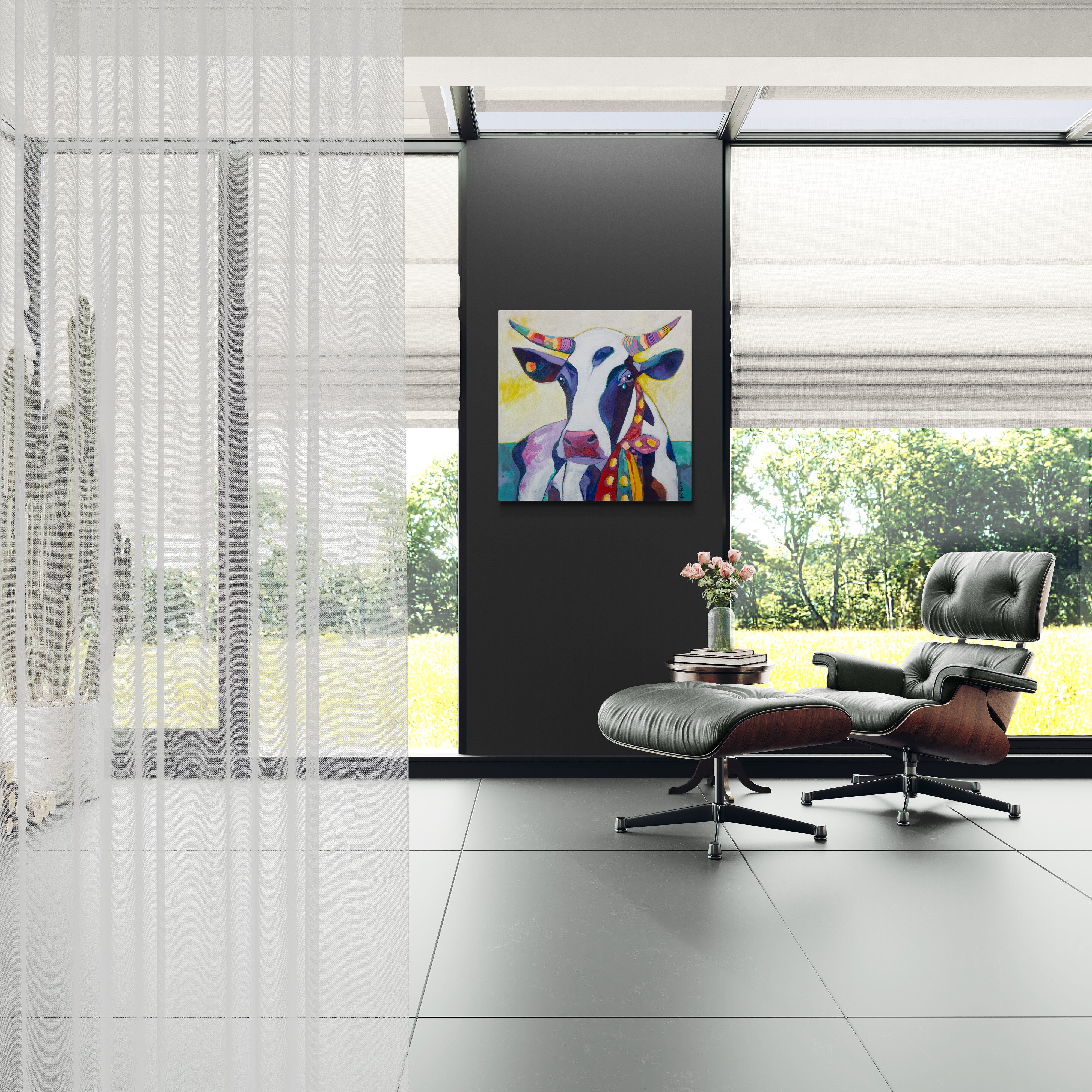 Pop Art Kuh 80x80cm Moody Blues, bunte Kuh Halstuch farbige Hörner Tropfen, Mooody Blues Serie, Acryl Leinwand Original Fredi Gertsch, in modernem Wohnraum
