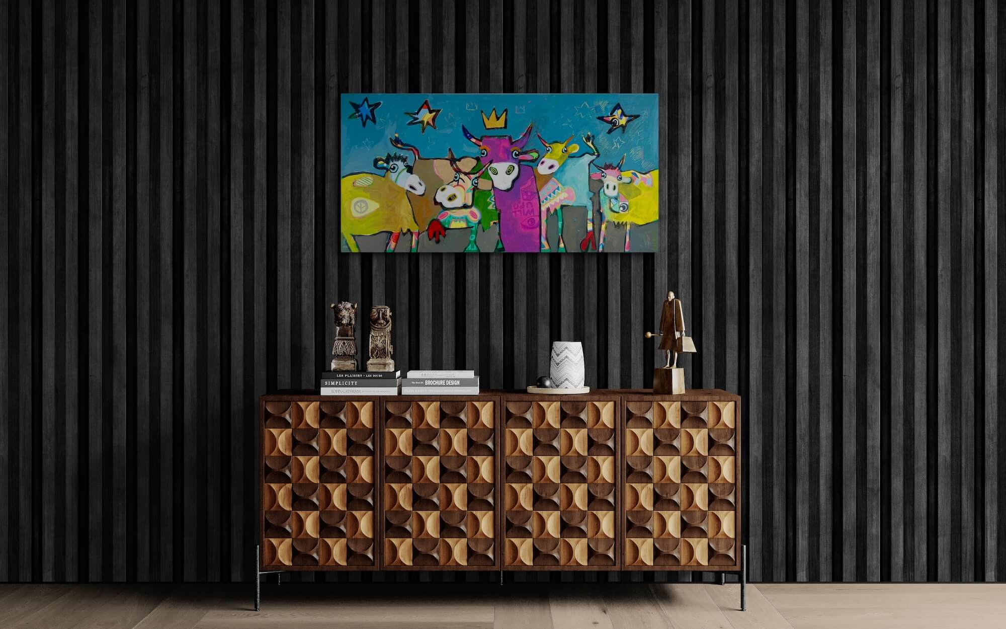 Pop Art Kühe 120x60cm Herde heimzu Sternennacht, fünf Kühe Sternenhimmel Krone Alpaufzug Zusammenhalt, durch Dick und Dünn Gemeinschaft, Acryl Leinwand Original Fredi Gertsch, in sehr modernem Wohnraum