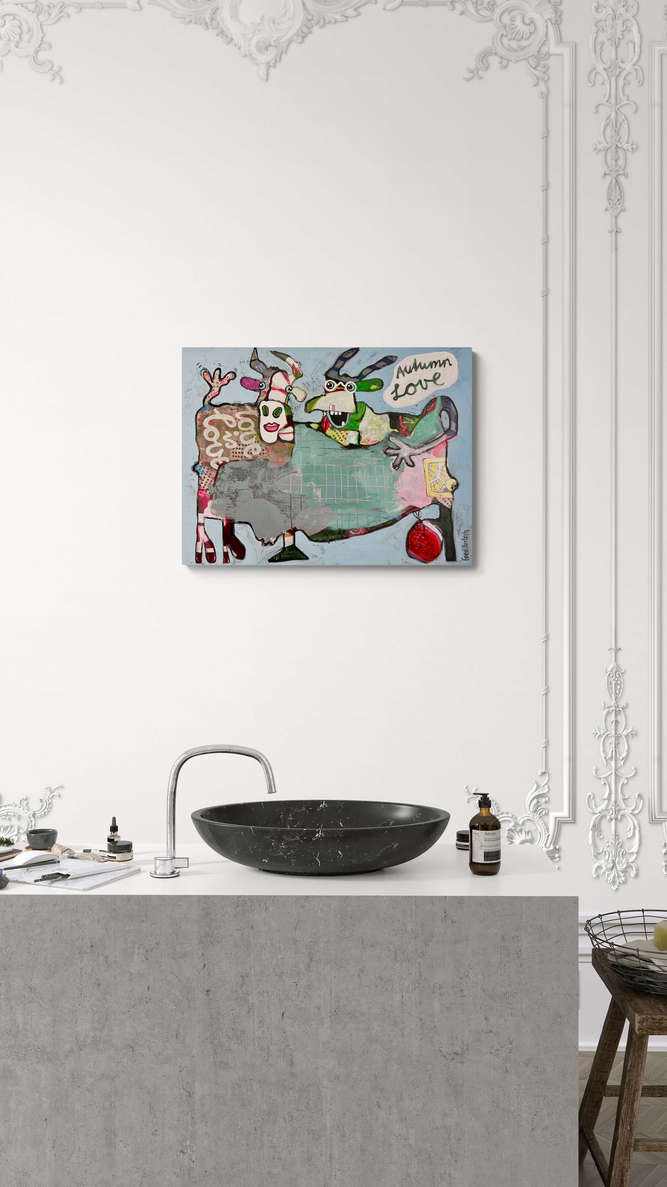Pop Art 80x60cm Autumn Love, zwei Kühe Collage Schriftzug love is love Herbstfarben Freundschaft Lebensfreude Humor, Acryl Leinwand Original Fredi Gertsch, in Wohnraum Badezimmer