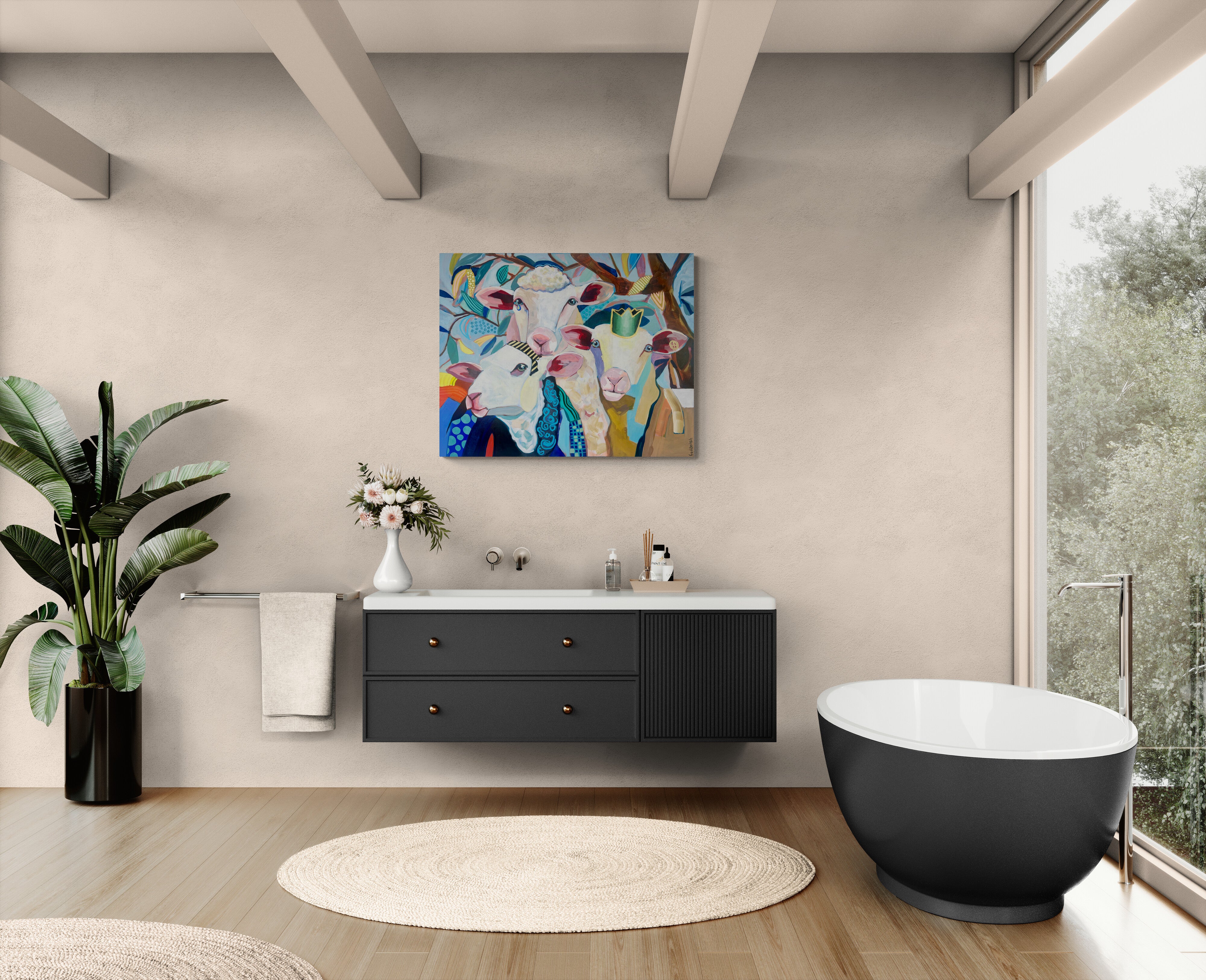 Pop Art Schafe 100x80cm Patchwork Dreams, drei Schafe buntes Fell, Acryl Leinwand Original Fredi Gertsch, in modernem Badezimmer