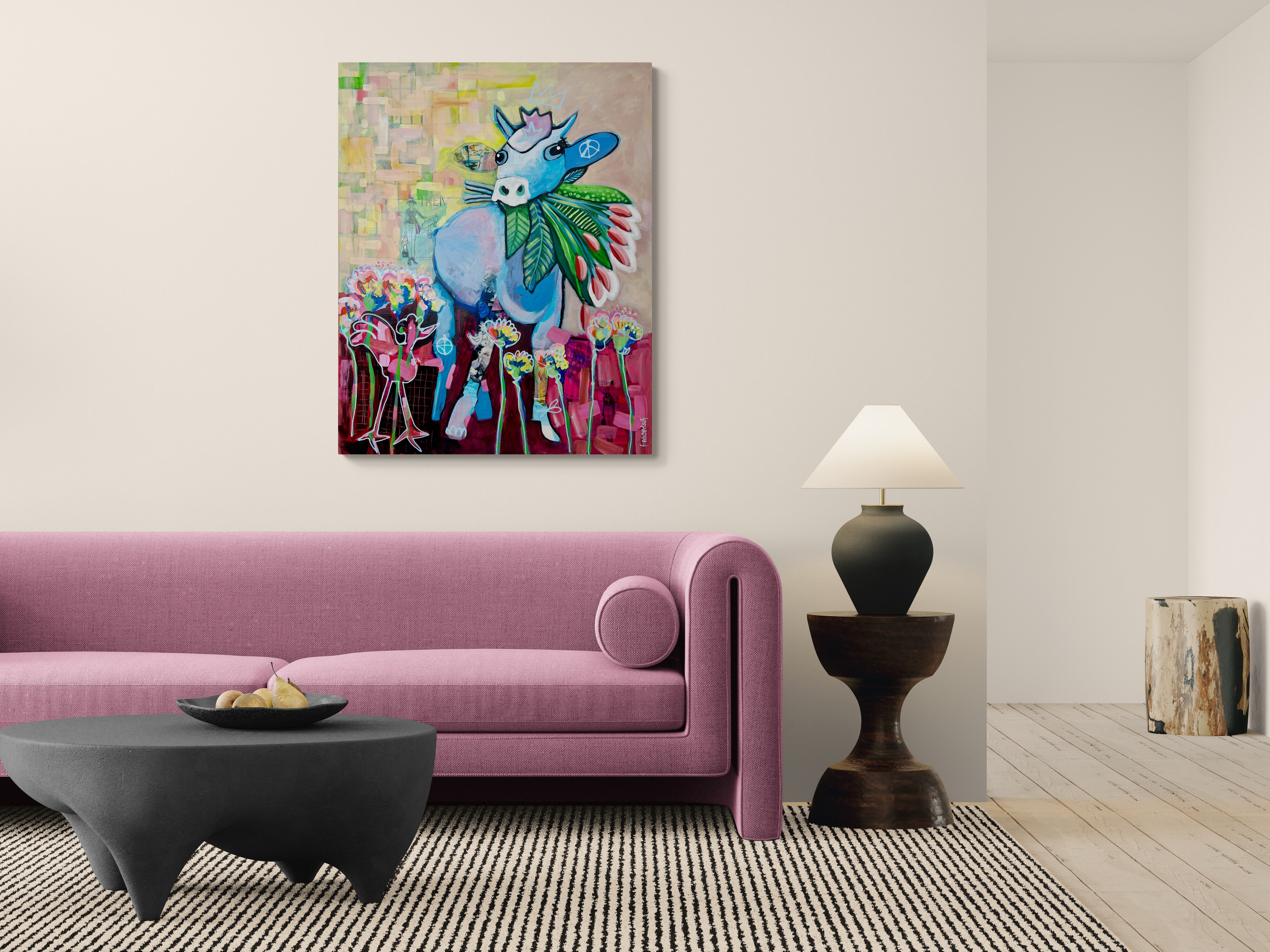 Pop Art 80x100cm Flower Power Baby, blaue Baby-Kuh Peace-Zeichen Basquiat-Krone bunte Blumen Hippie 60er 70er Frieden Liebe, Acryl Collage Leinwand Original Fredi Gertsch, über Sitzgruppe