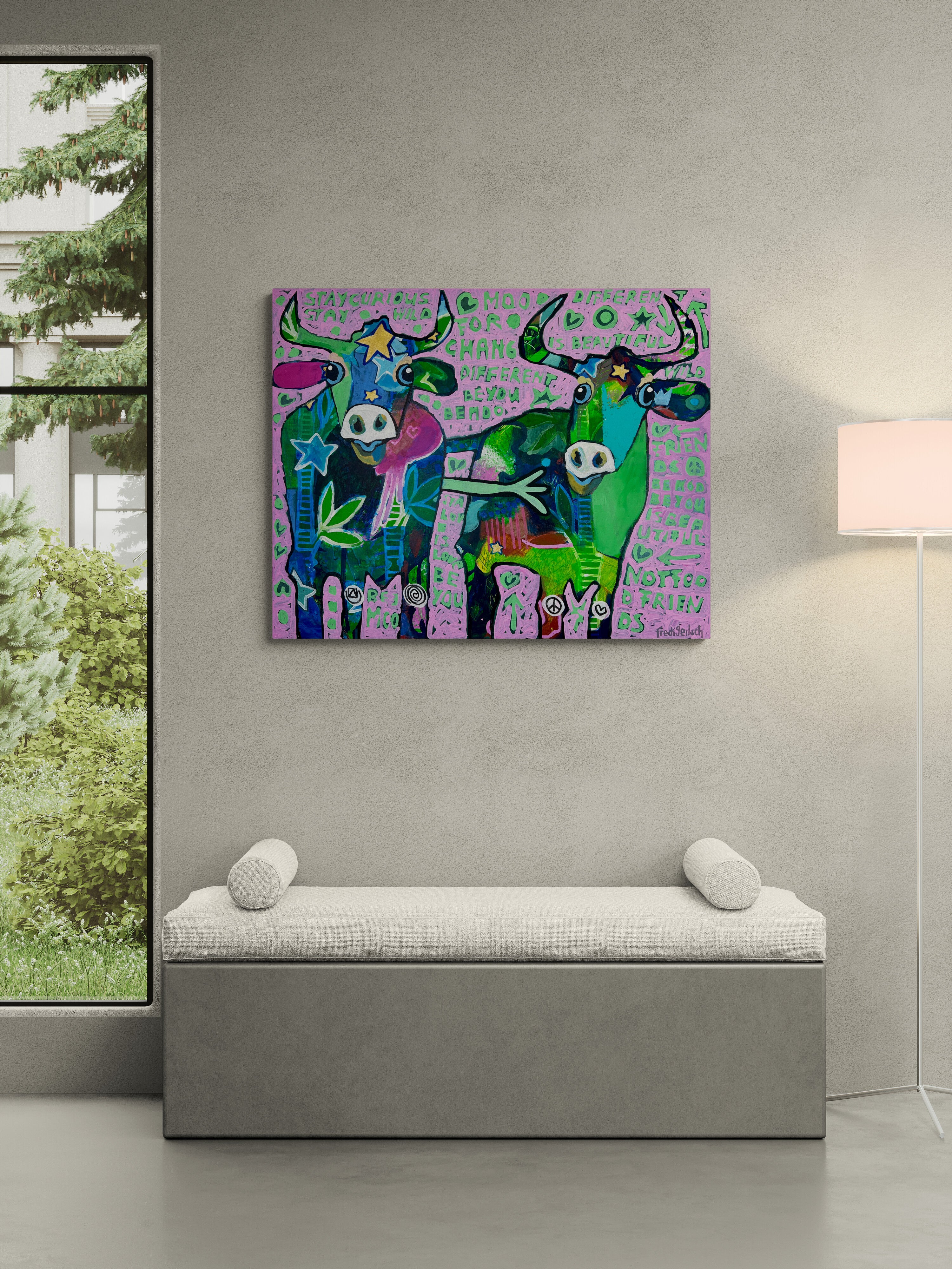 Pop Art 100x80cm Just Us Two Be You, zwei fröhliche Kühe Sterne Peace-Zeichen positive Botschaften Selbstakzeptanz Diversität Mut, Just Us Two Serie, Acryl Leinwand Original Fredi Gertsch, in Wohnraum neben Fenster