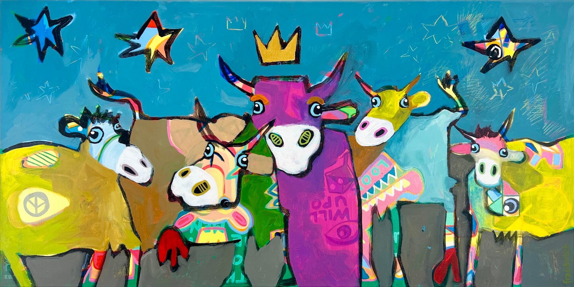 Pop Art Kühe 120x60cm Herde heimzu Sternennacht, fünf Kühe Sternenhimmel Krone Alpaufzug Zusammenhalt, durch Dick und Dünn Gemeinschaft, Acryl Leinwand Original Fredi Gertsch