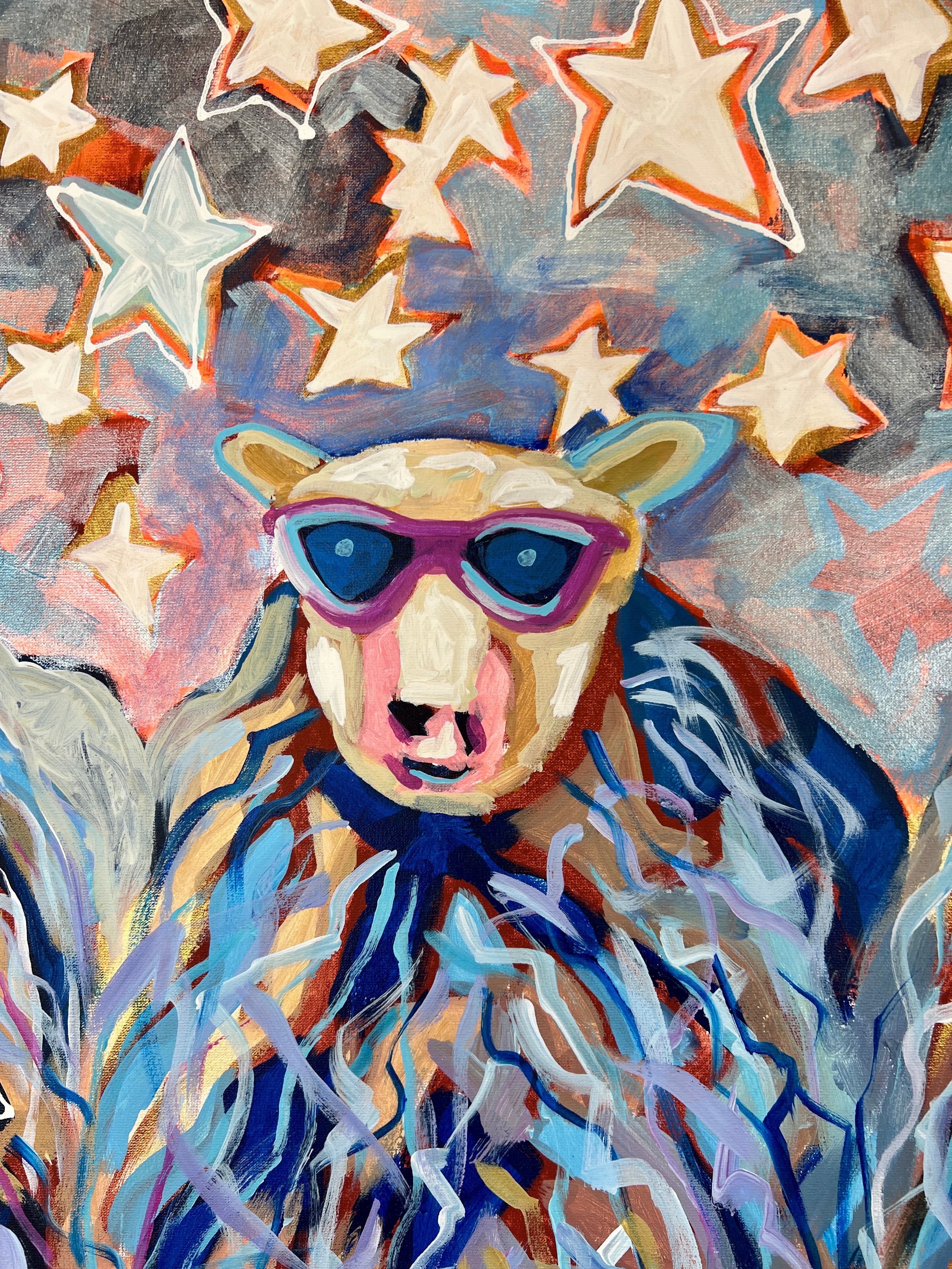 Pop Art 80x80cm Nights Of Hope blue, drei Schafe Sonnenbrille Thousand B Sternenhimmel Hoffnung Gemeinschaft Träume, Acryl Leinwand Original Fredi Gertsch, Detailansicht Schaf mit Sonnenbrille