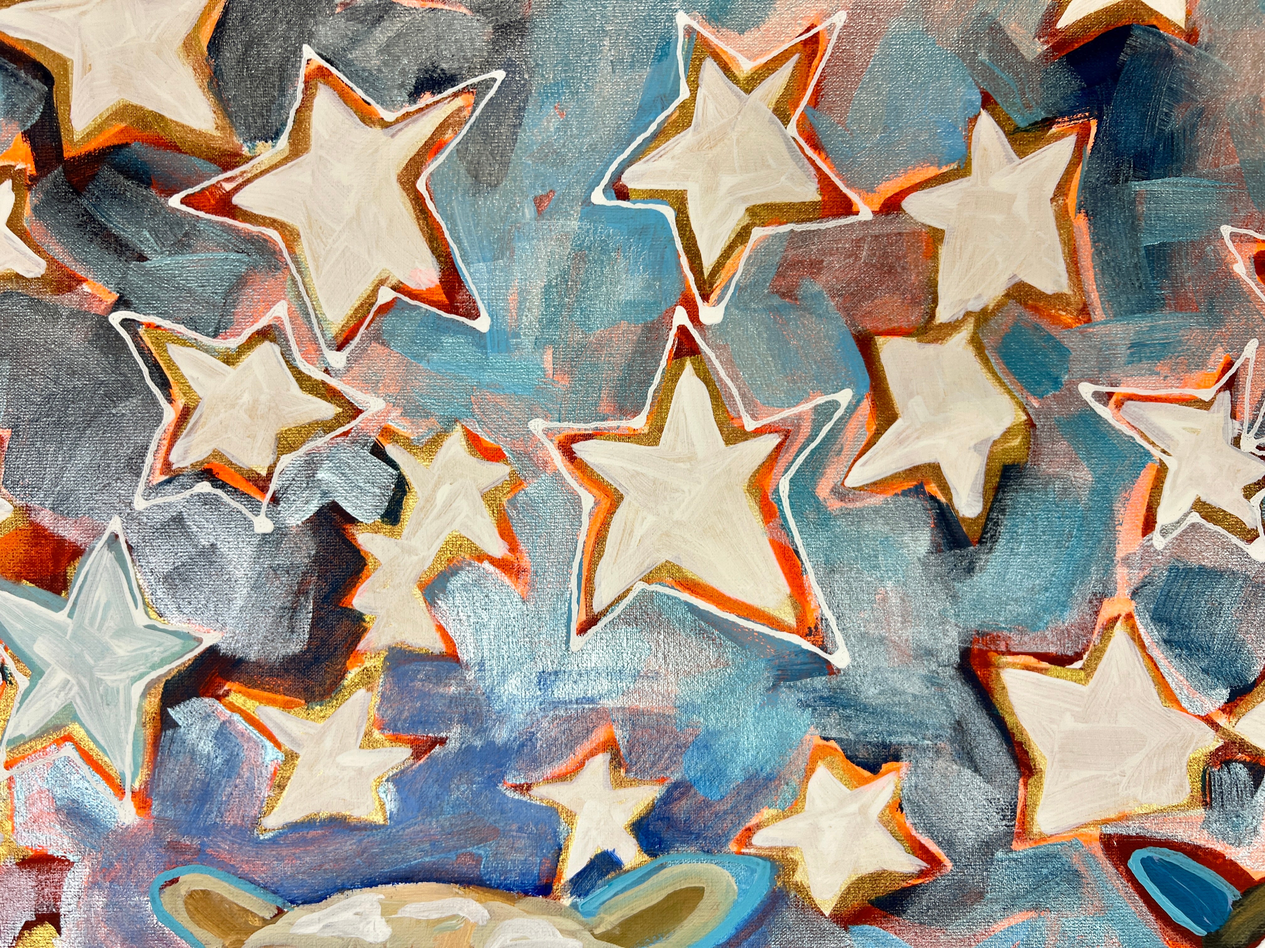 Pop Art 80x80cm Nights Of Hope blue, drei Schafe Sonnenbrille Thousand B Sternenhimmel Hoffnung Gemeinschaft Träume, Acryl Leinwand Original Fredi Gertsch, Detailansicht Sternenhimmel