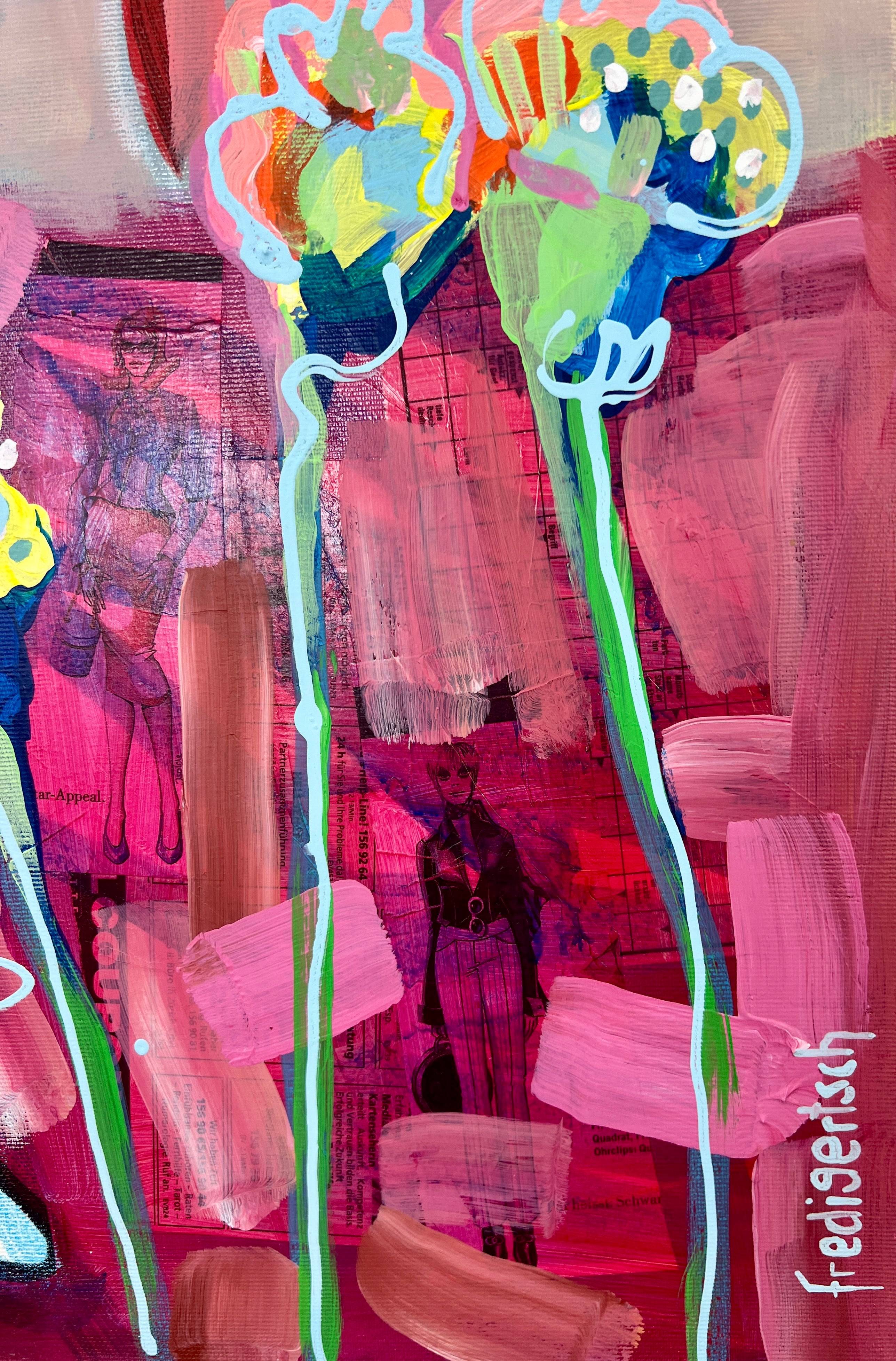 Pop Art 80x100cm Flower Power Baby, blaue Baby-Kuh Peace-Zeichen Basquiat-Krone bunte Blumen Hippie 60er 70er Frieden Liebe, Acryl Collage Leinwand Original Fredi Gertsch, Signatur