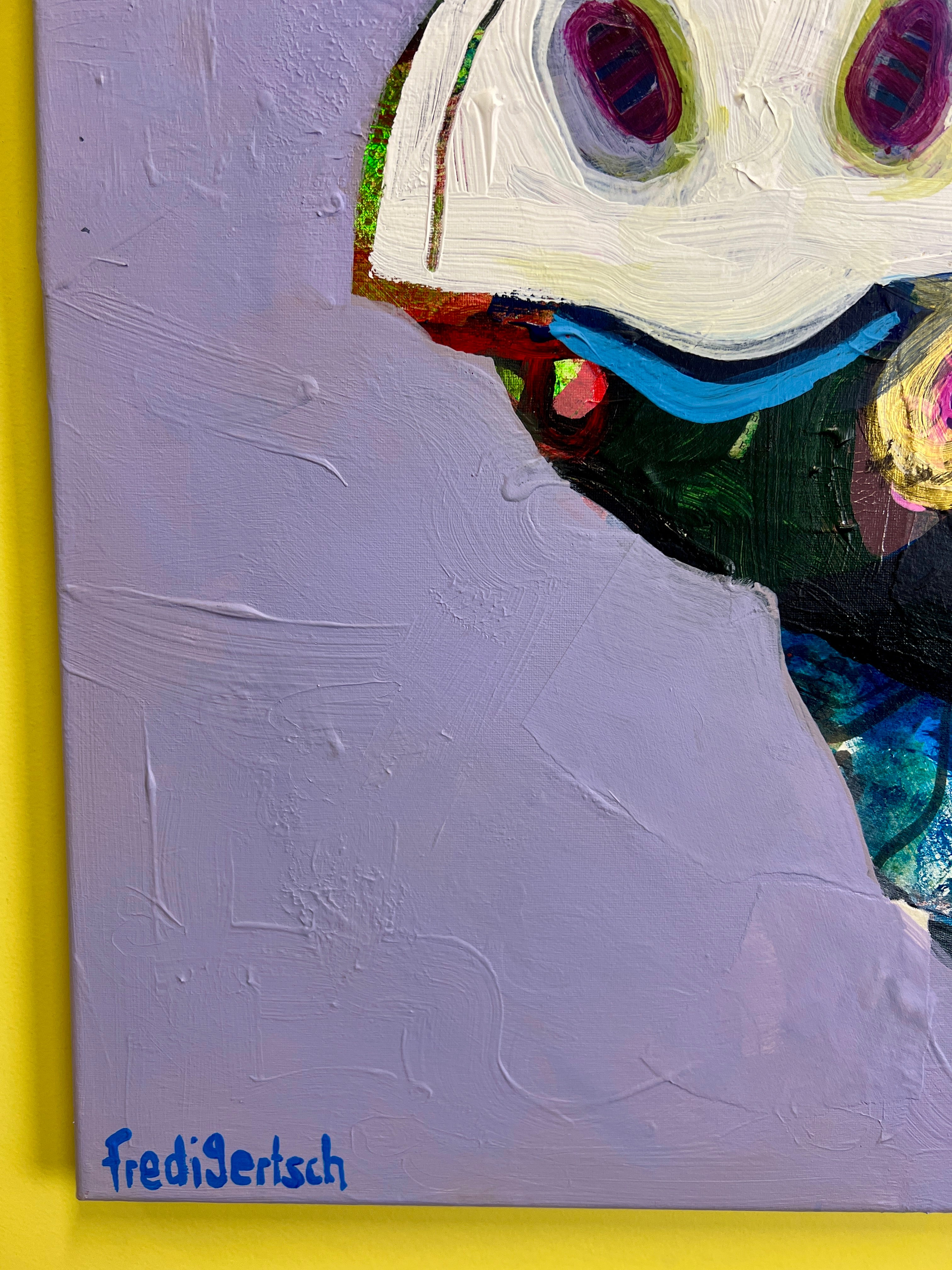 Pop Art 50x70cm VogelLisi Flügeltraum, fröhliche Kuh bunte gestreifte Hörner Collage Fantasie Leichtigkeit Humor, VogelLisi Serie, Acryl Collage Leinwand Original Fredi Gertsch, Signatur