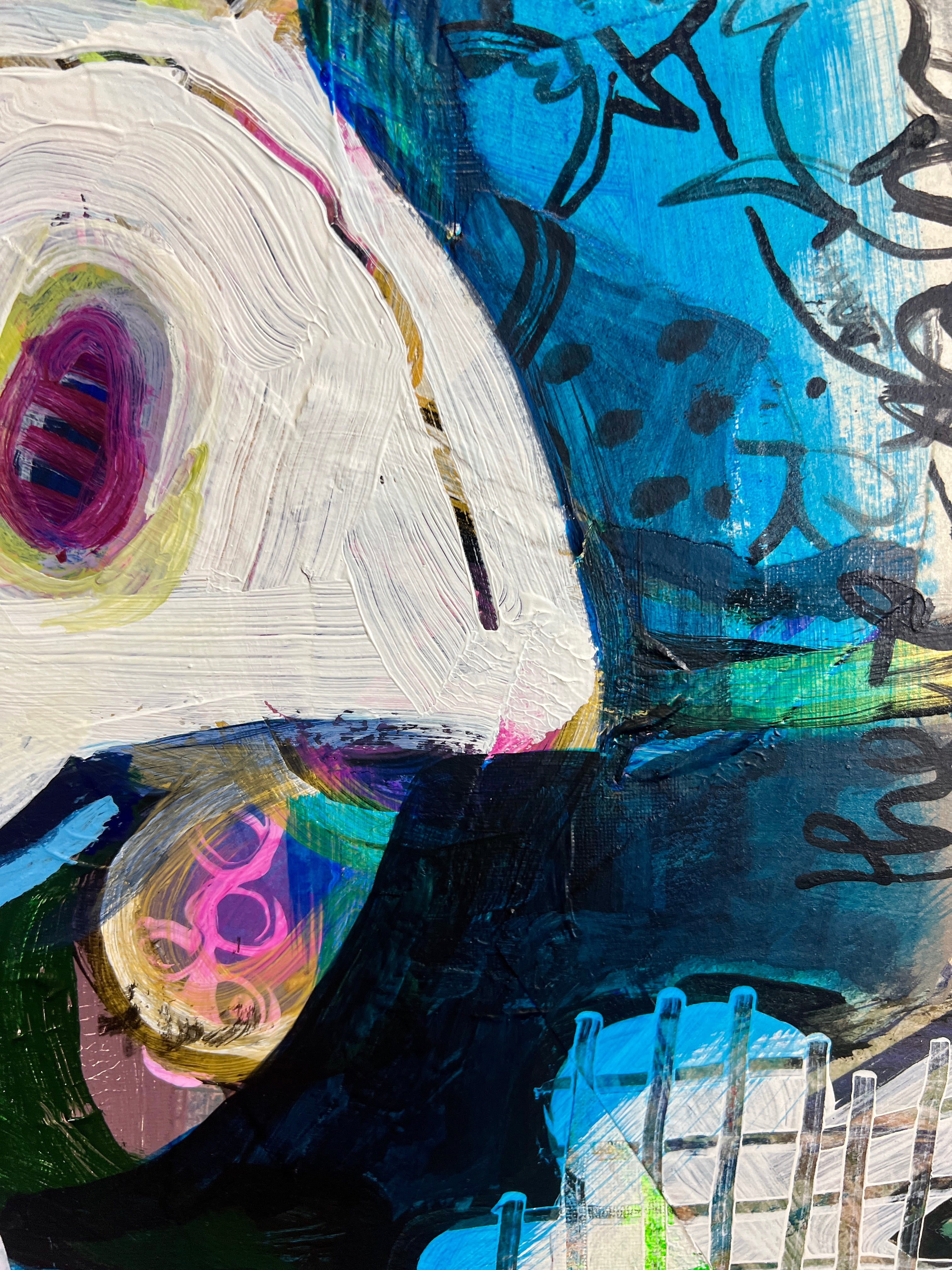 Pop Art 50x70cm VogelLisi Flügeltraum, fröhliche Kuh bunte gestreifte Hörner Collage Fantasie Leichtigkeit Humor, VogelLisi Serie, Acryl Collage Leinwand Original Fredi Gertsch, Detailansicht