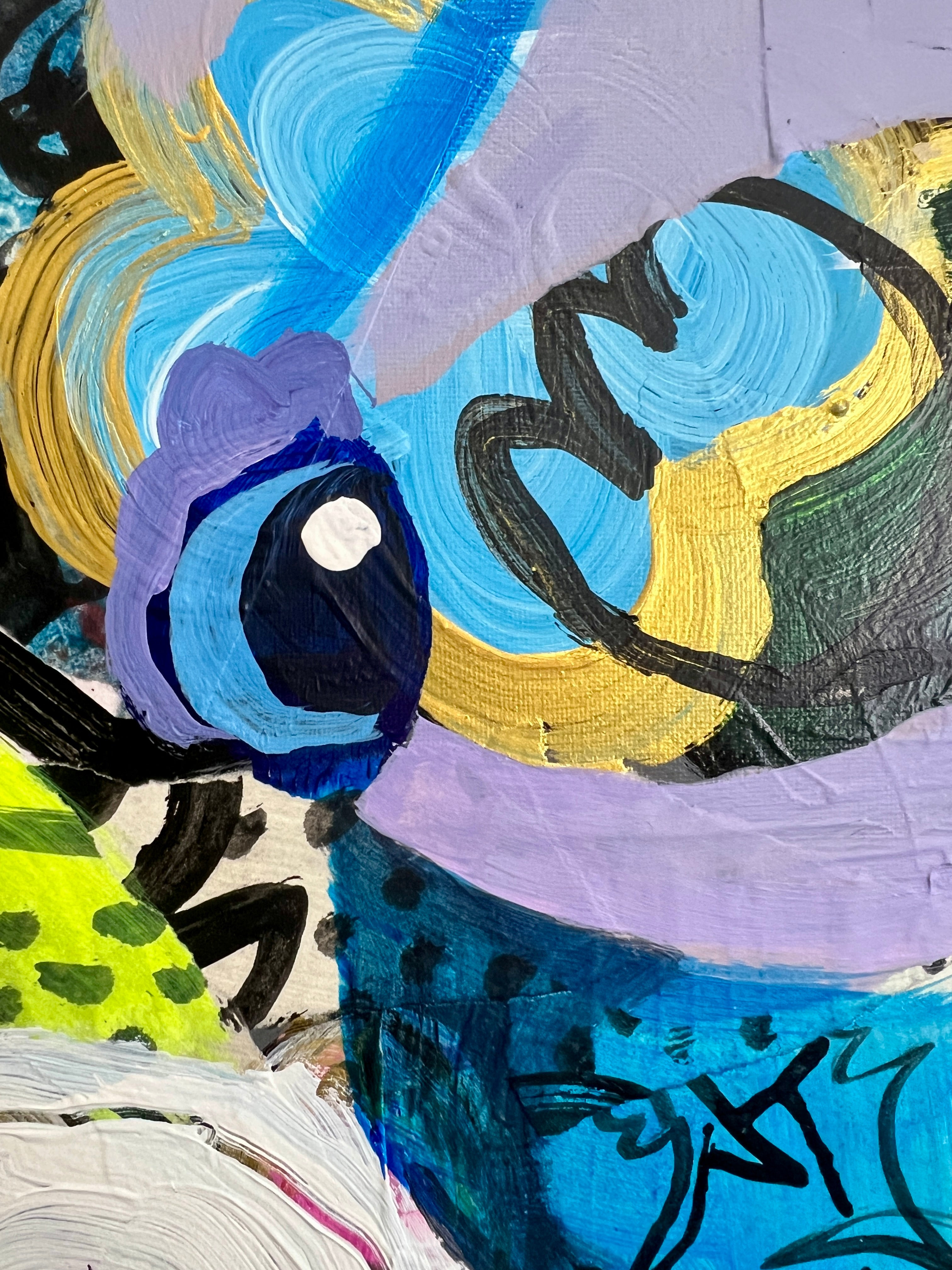 Pop Art 50x70cm VogelLisi Flügeltraum, fröhliche Kuh bunte gestreifte Hörner Collage Fantasie Leichtigkeit Humor, VogelLisi Serie, Acryl Collage Leinwand Original Fredi Gertsch, Detailansicht