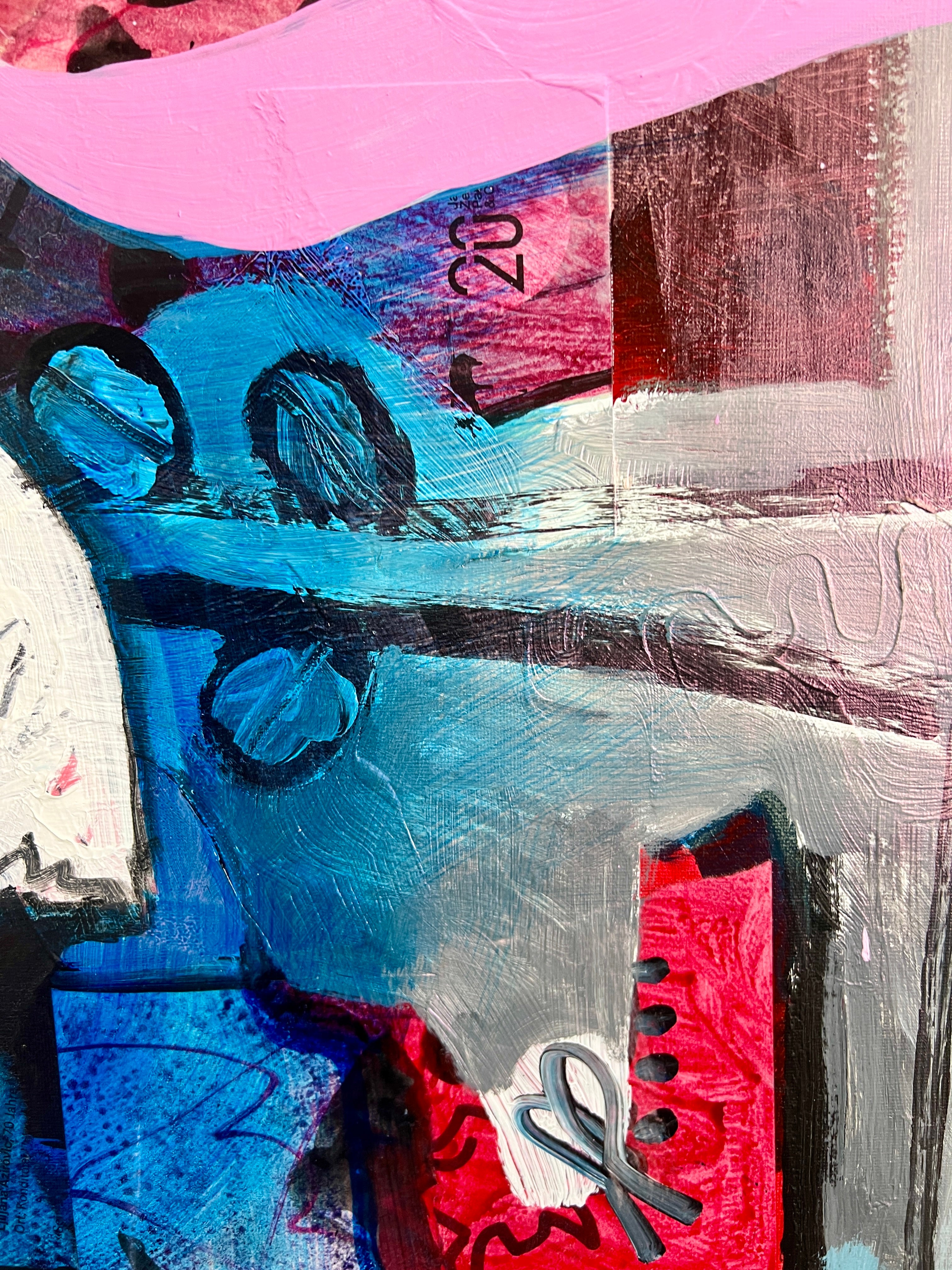 Pop Art 50x70cm VogelLisi Sternenzauber, fröhliche Kuh Vogel Stern rosa Hintergrund Collage Magie Träume Humor, VogelLisi Serie, Acryl Collage Leinwand Original Fredi Gertsch, Detailansicht