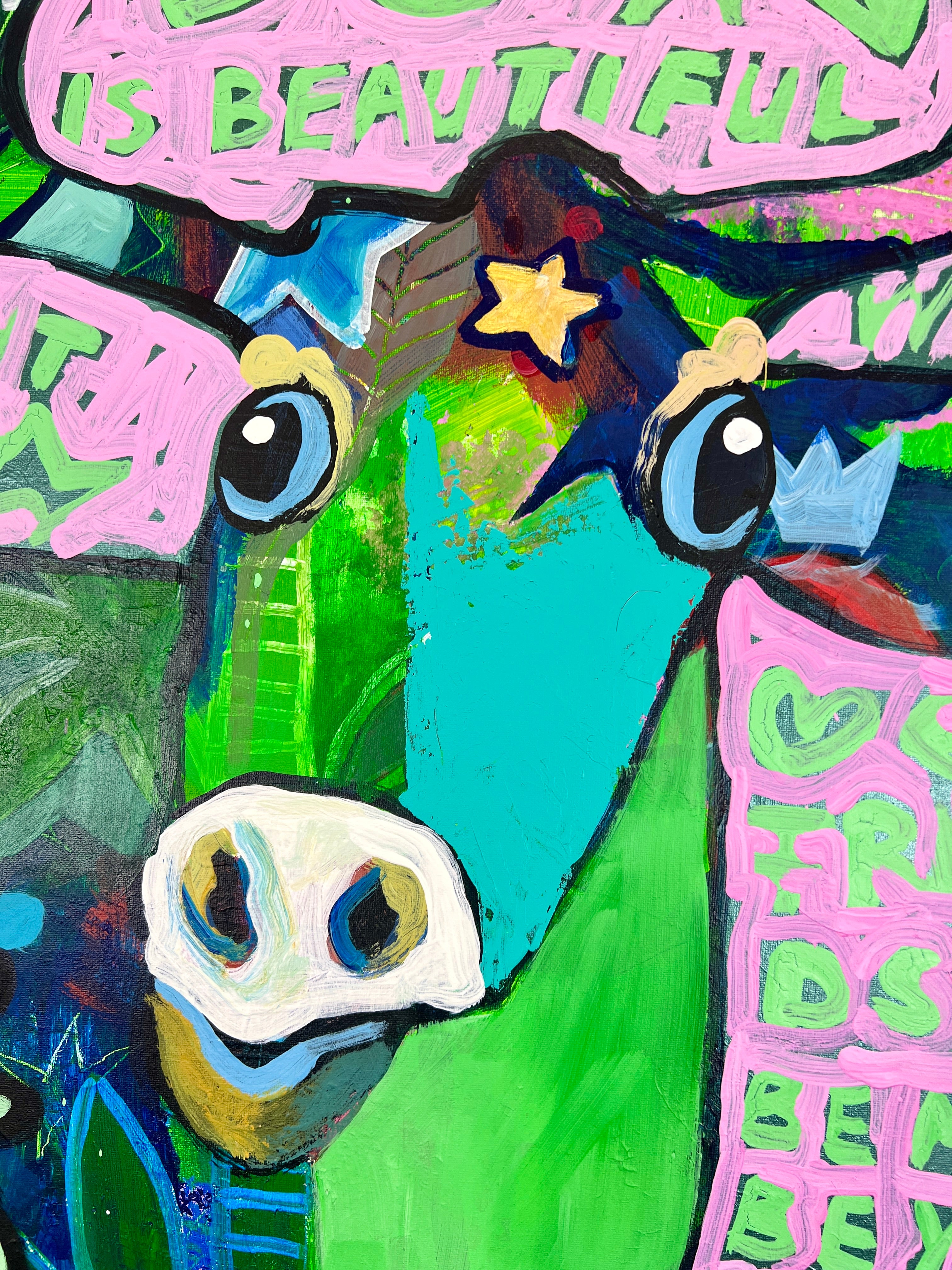 Pop Art 100x80cm Just Us Two Be You, zwei fröhliche Kühe Sterne Peace-Zeichen positive Botschaften Selbstakzeptanz Diversität Mut, Just Us Two Serie, Acryl Leinwand Original Fredi Gertsch, Detailansicht