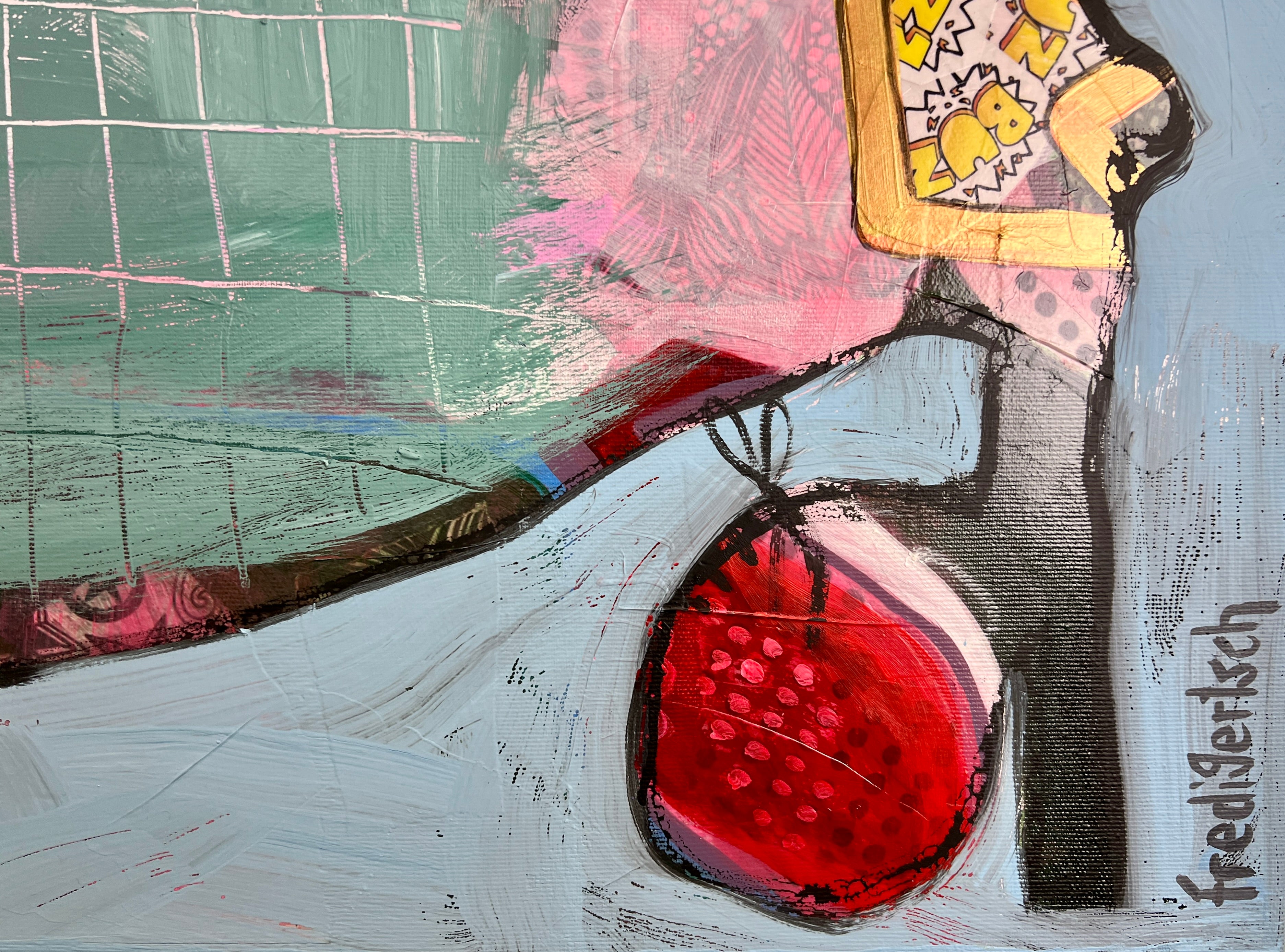 Pop Art 80x60cm Autumn Love, zwei Kühe Collage Schriftzug love is love Herbstfarben Freundschaft Lebensfreude Humor, Acryl Leinwand Original Fredi Gertsch, Signatur