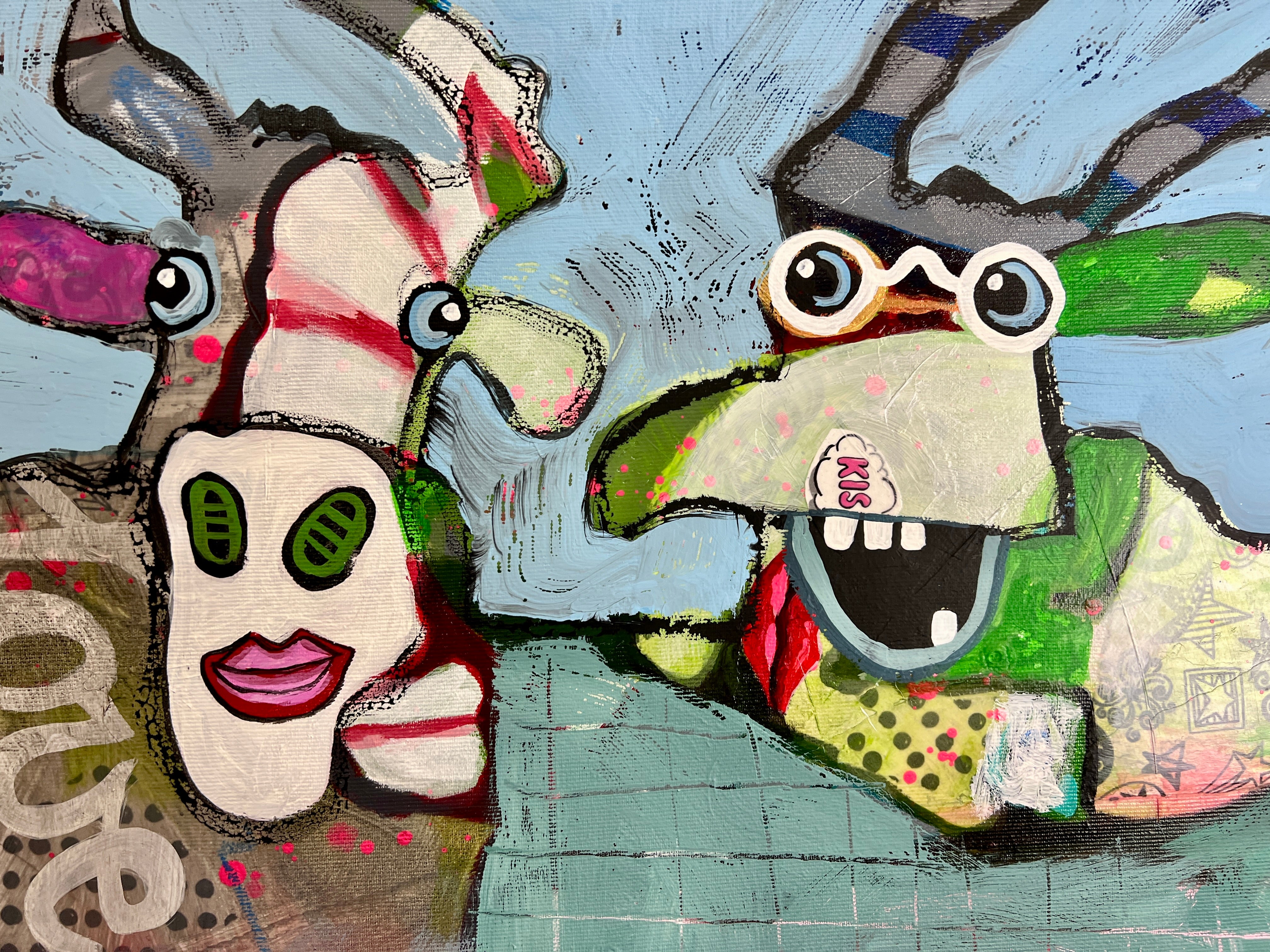 Pop Art 80x60cm Autumn Love, zwei Kühe Collage Schriftzug love is love Herbstfarben Freundschaft Lebensfreude Humor, Acryl Leinwand Original Fredi Gertsch, Detailansicht