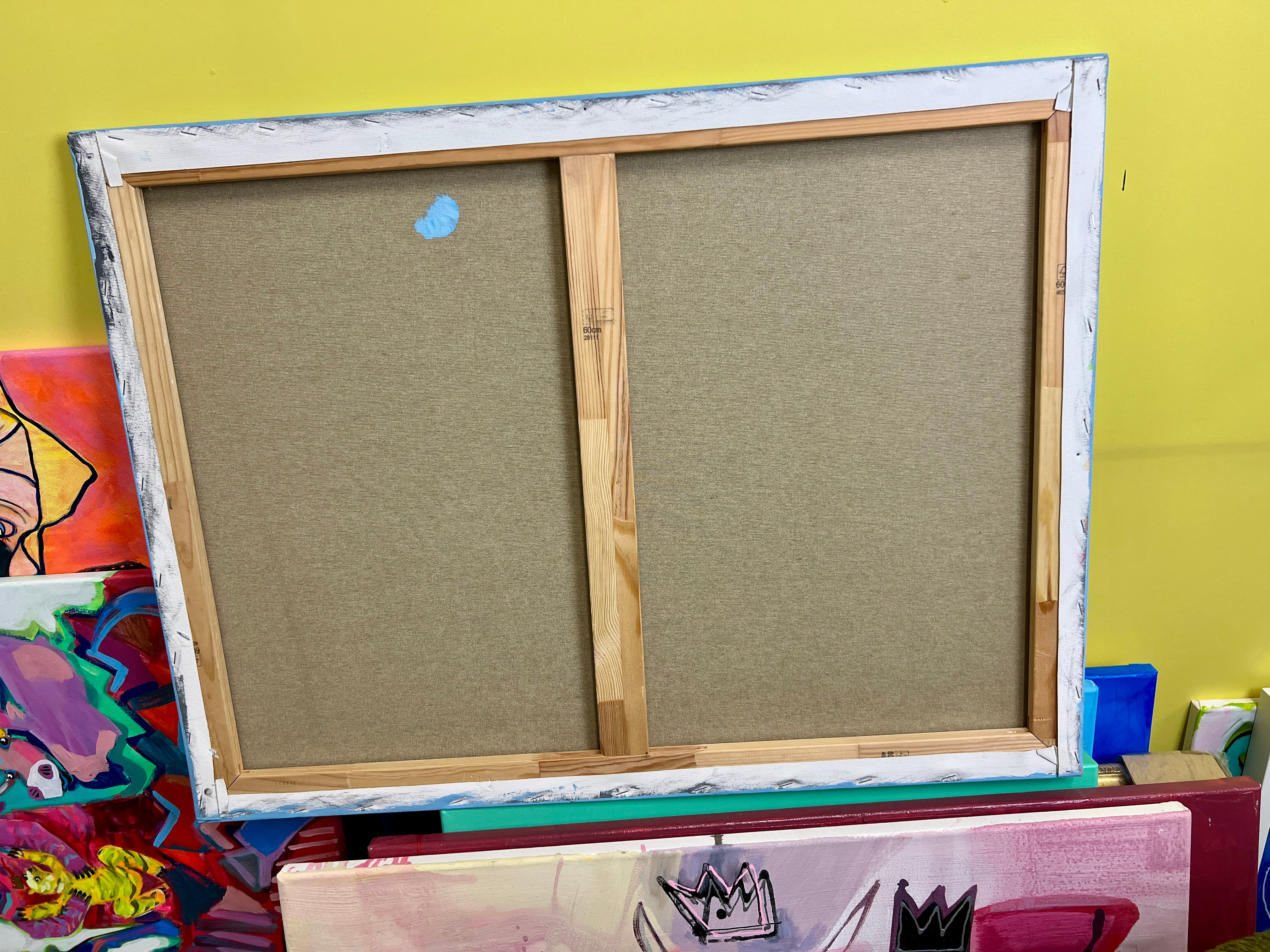 Pop Art 80x60cm Autumn Love, zwei Kühe Collage Schriftzug love is love Herbstfarben Freundschaft Lebensfreude Humor, Acryl Leinwand Original Fredi Gertsch, Rückseite