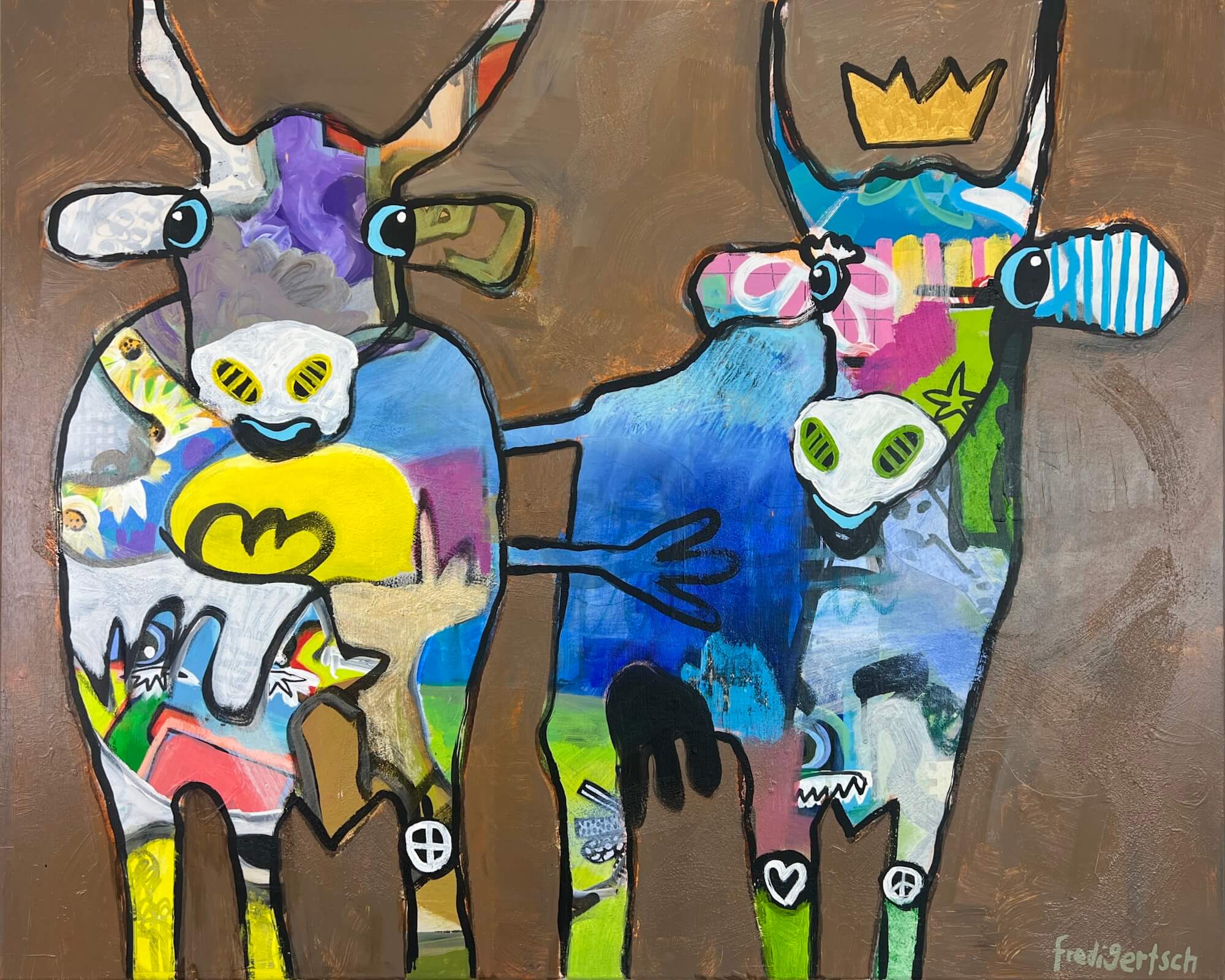 Pop Art Kühe 100x80cm Just Us Two Royal Connection, zwei Kühe Krone Batman Peace-Zeichen Herzen Pop-Symbole, Liebe Verbundenheit, Mixed Media Leinwand Original Fredi Gertsch