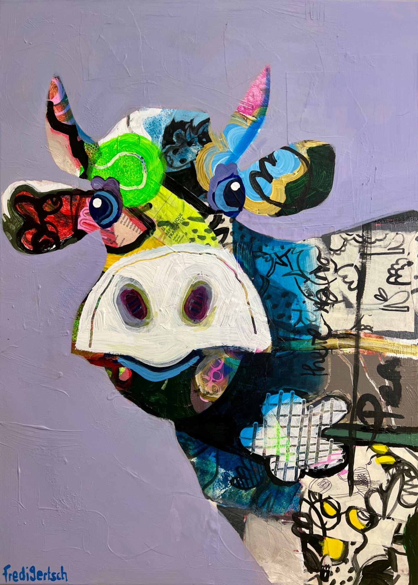 Pop Art 50x70cm VogelLisi Flügeltraum, fröhliche Kuh bunte gestreifte Hörner Collage Fantasie Leichtigkeit Humor, VogelLisi Serie, Acryl Collage Leinwand Original Fredi Gertsch