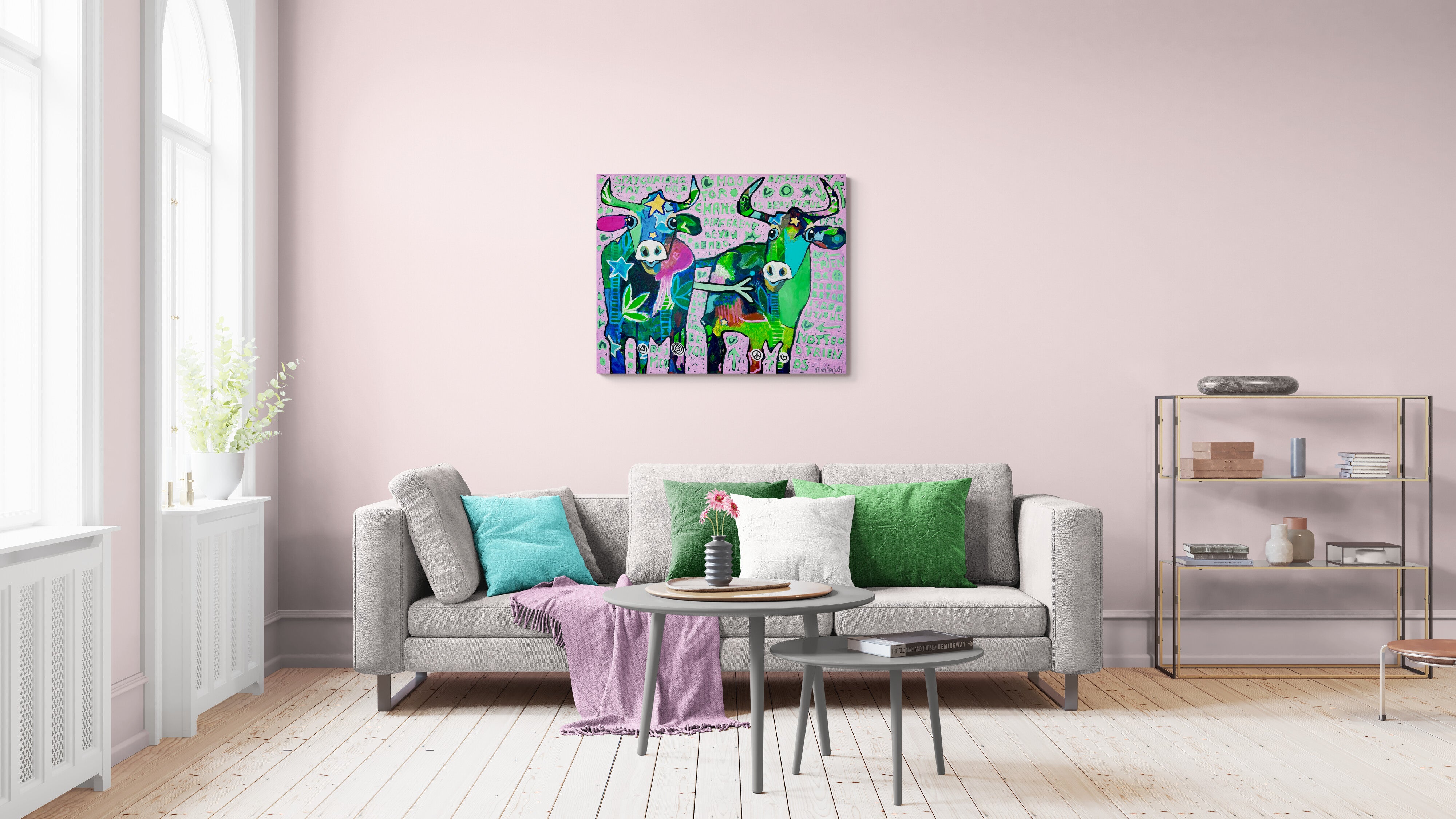 Pop Art 100x80cm Just Us Two Be You, zwei fröhliche Kühe Sterne Peace-Zeichen positive Botschaften Selbstakzeptanz Diversität Mut, Just Us Two Serie, Acryl Leinwand Original Fredi Gertsch, in Wohnraum über Sofa