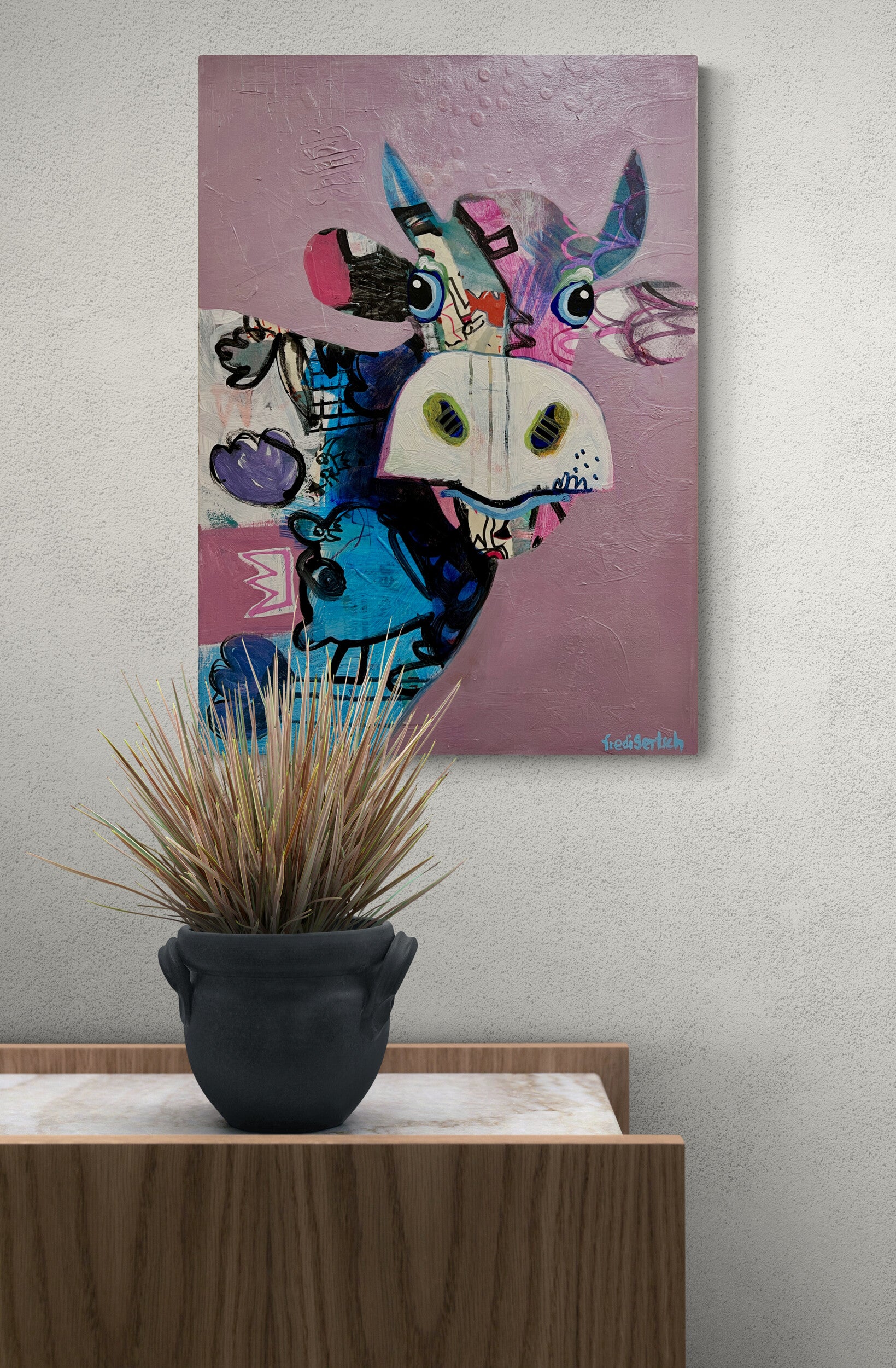 Pop Art 50x70cm VogelLisi Bärenstark, fröhliche Kuh bunte Hörner Bär Krone Collage Mut Stärke Humor, VogelLisi Serie, Acryl Collage Leinwand Original Fredi Gertsch, in Wohnraum