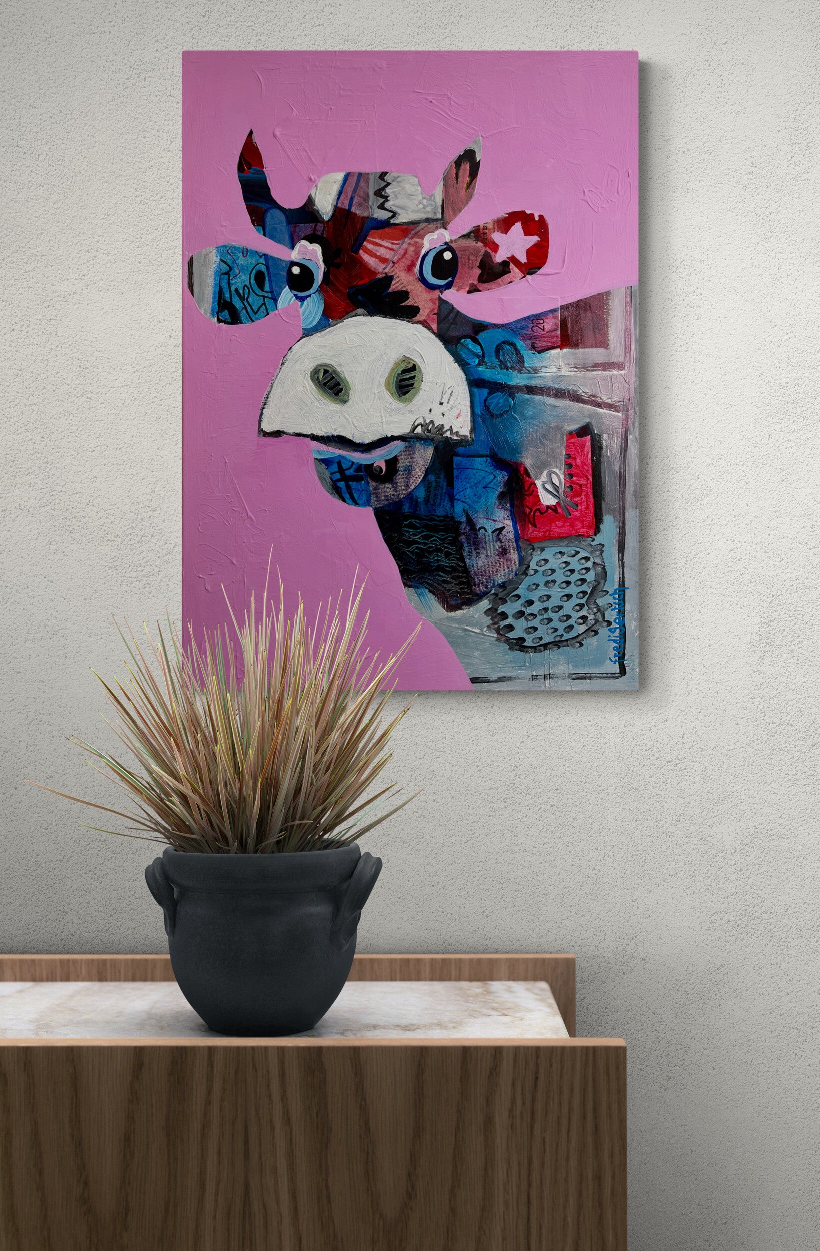 Pop Art 50x70cm VogelLisi Sternenzauber, fröhliche Kuh Vogel Stern rosa Hintergrund Collage Magie Träume Humor, VogelLisi Serie, Acryl Collage Leinwand Original Fredi Gertsch, in Wohnraum