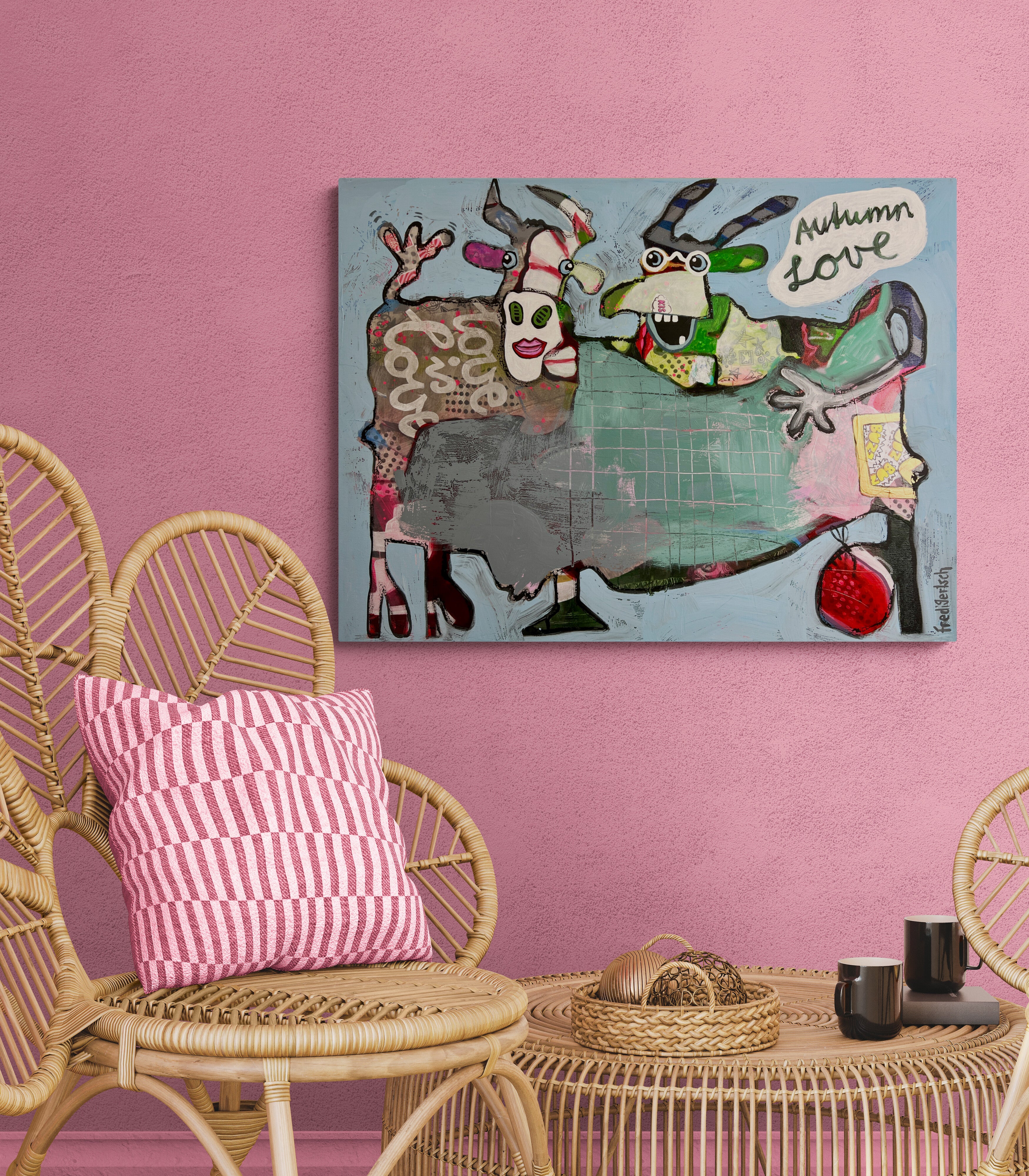 Pop Art 80x60cm Autumn Love, zwei Kühe Collage Schriftzug love is love Herbstfarben Freundschaft Lebensfreude Humor, Acryl Leinwand Original Fredi Gertsch, in Wohnraum