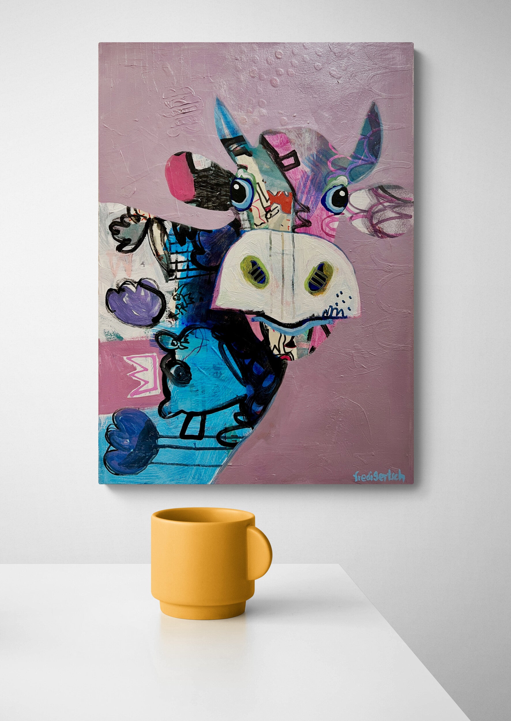 Pop Art 50x70cm VogelLisi Bärenstark, fröhliche Kuh bunte Hörner Bär Krone Collage Mut Stärke Humor, VogelLisi Serie, Acryl Collage Leinwand Original Fredi Gertsch, in Wohnraum