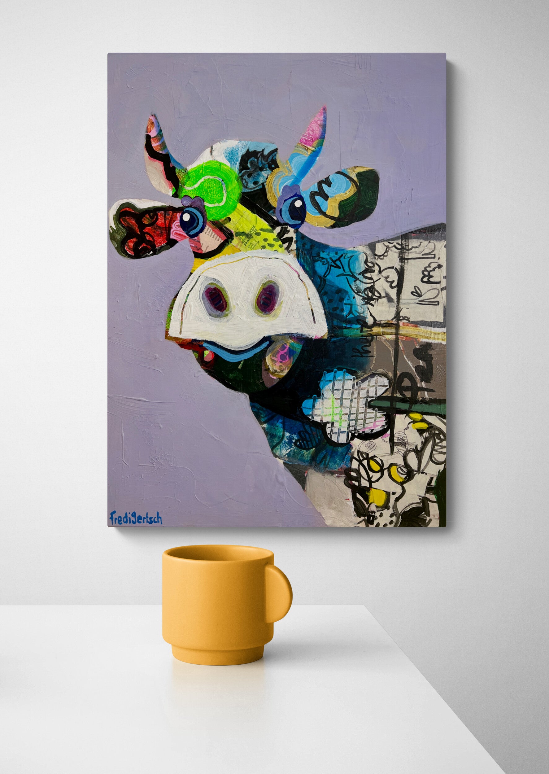 Pop Art 50x70cm VogelLisi Flügeltraum, fröhliche Kuh bunte gestreifte Hörner Collage Fantasie Leichtigkeit Humor, VogelLisi Serie, Acryl Collage Leinwand Original Fredi Gertsch, in Wohnraum