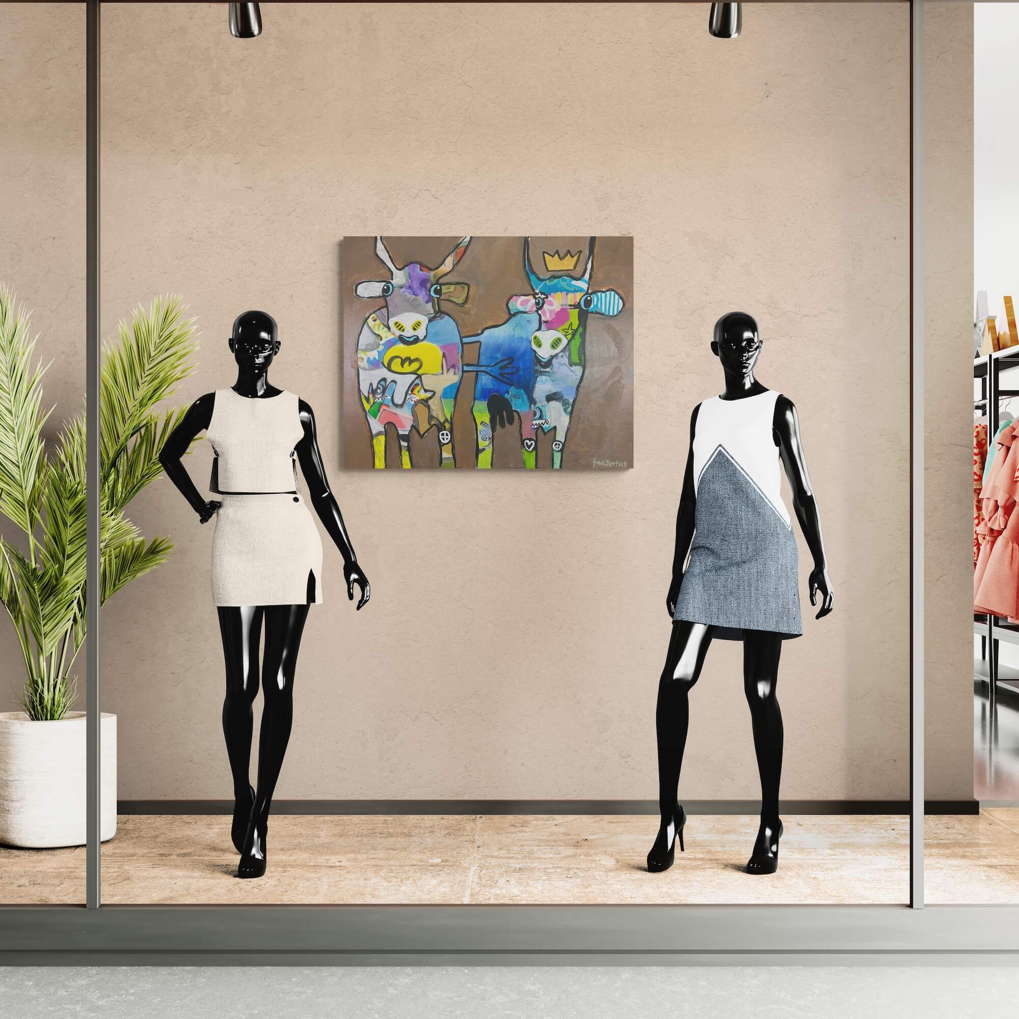 Pop Art Kühe 100x80cm Just Us Two Royal Connection, zwei Kühe Krone Batman Peace-Zeichen Herzen Pop-Symbole, Liebe Verbundenheit, Mixed Media Leinwand Original Fredi Gertsch, in Schaufenster