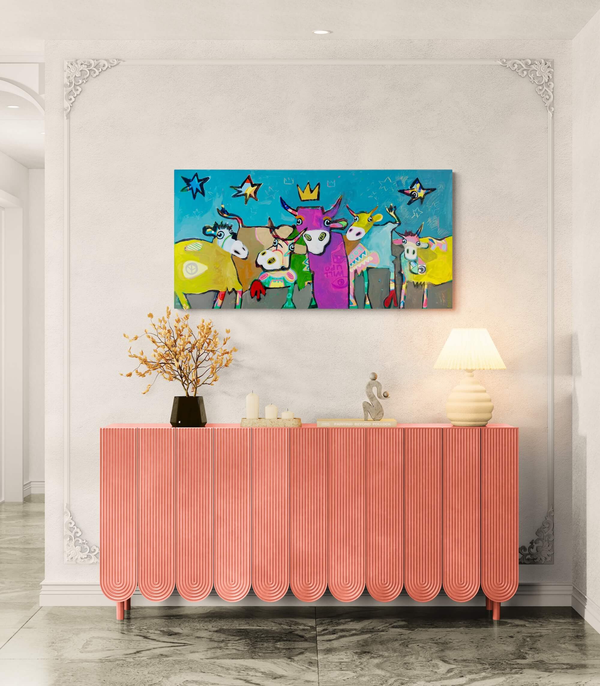 Pop Art Kühe 120x60cm Herde heimzu Sternennacht, fünf Kühe Sternenhimmel Krone Alpaufzug Zusammenhalt, durch Dick und Dünn Gemeinschaft, Acryl Leinwand Original Fredi Gertsch, in Wohnraum über Sideboard