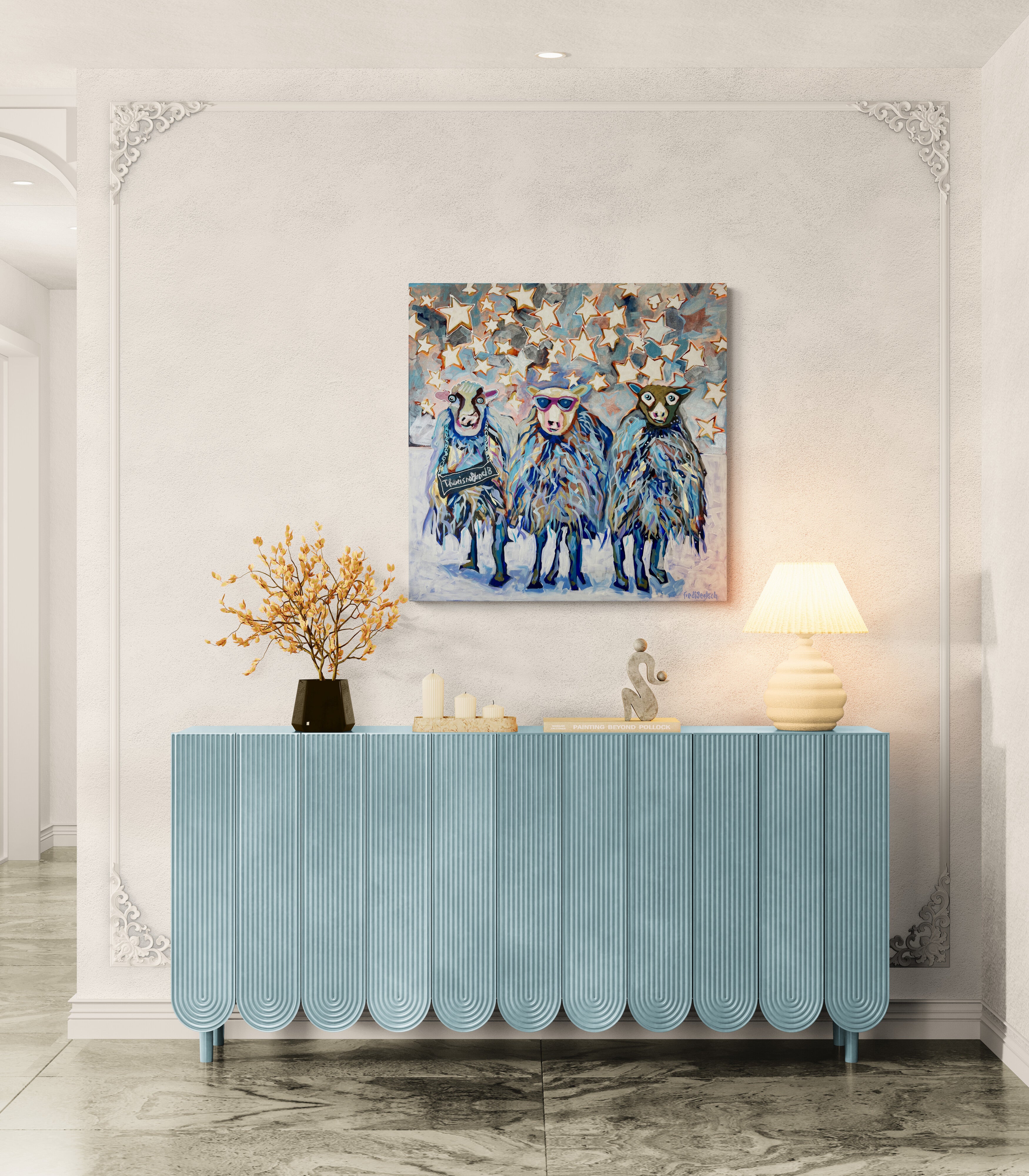 Pop Art 80x80cm Nights Of Hope blue, drei Schafe Sonnenbrille Thousand B Sternenhimmel Hoffnung Gemeinschaft Träume, Acryl Leinwand Original Fredi Gertsch, in Wohnraum über Sideboard