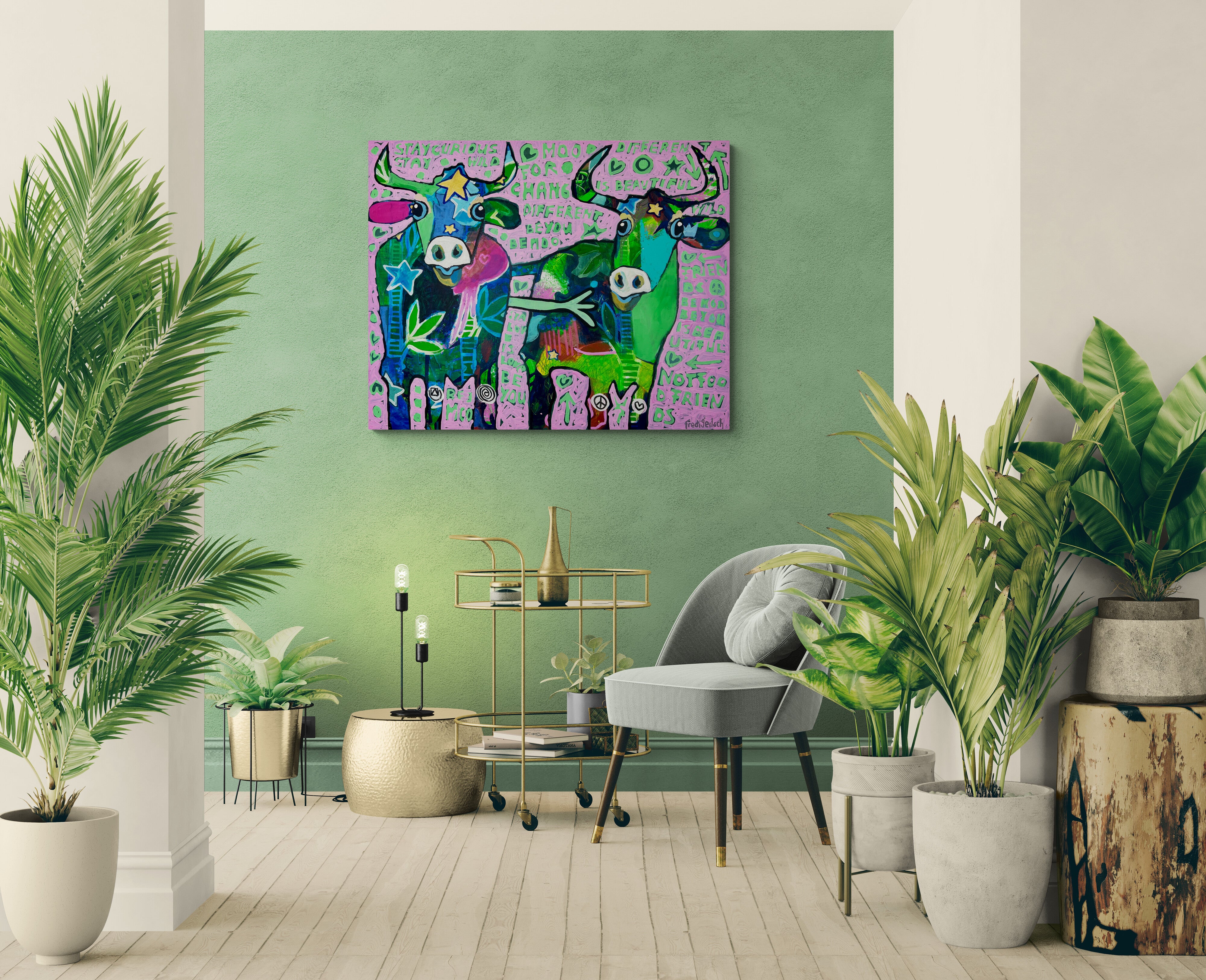 Pop Art 100x80cm Just Us Two Be You, zwei fröhliche Kühe Sterne Peace-Zeichen positive Botschaften Selbstakzeptanz Diversität Mut, Just Us Two Serie, Acryl Leinwand Original Fredi Gertsch, in Wohnraum