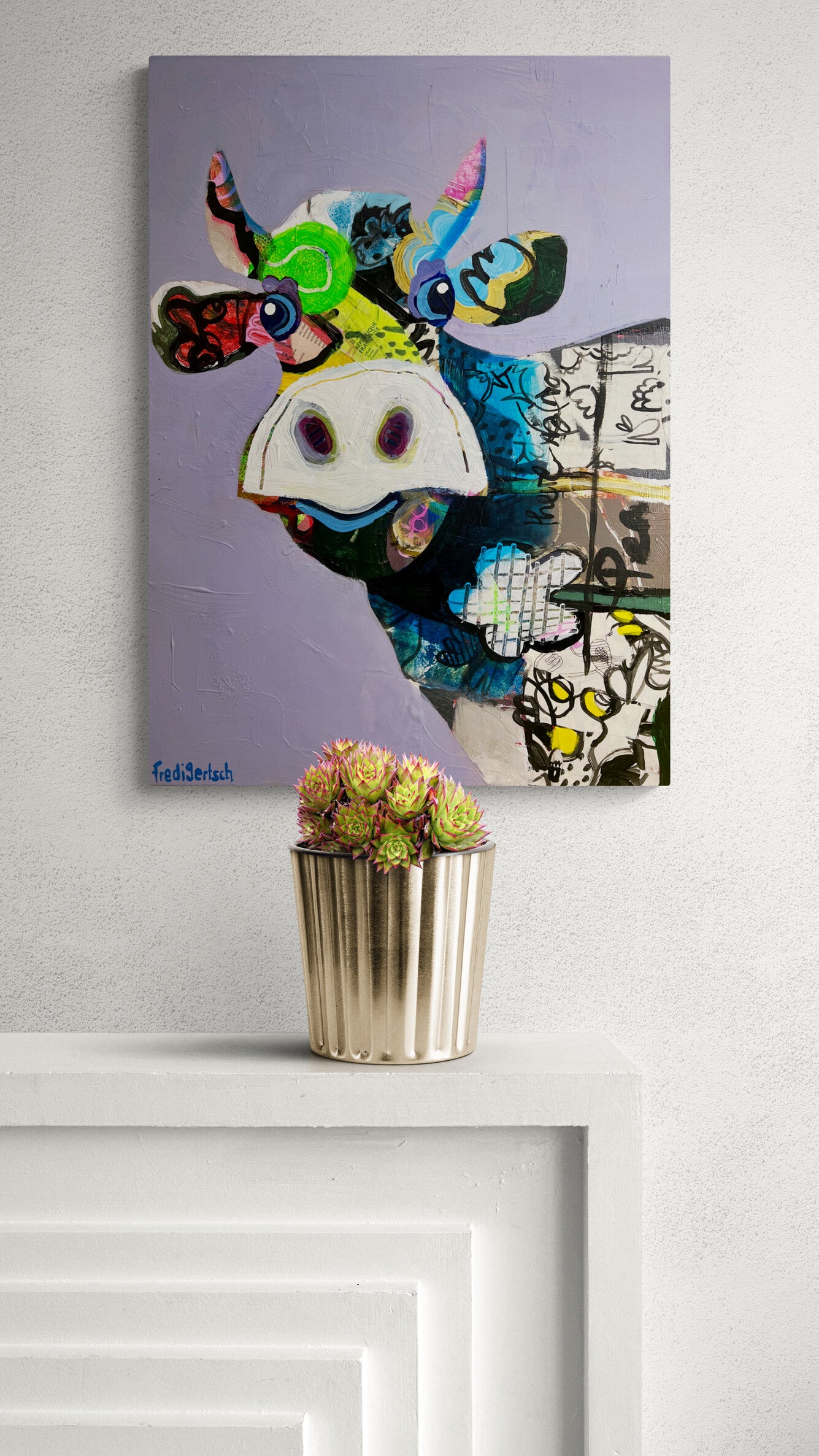 Pop Art 50x70cm VogelLisi Flügeltraum, fröhliche Kuh bunte gestreifte Hörner Collage Fantasie Leichtigkeit Humor, VogelLisi Serie, Acryl Collage Leinwand Original Fredi Gertsch, in Wohnraum